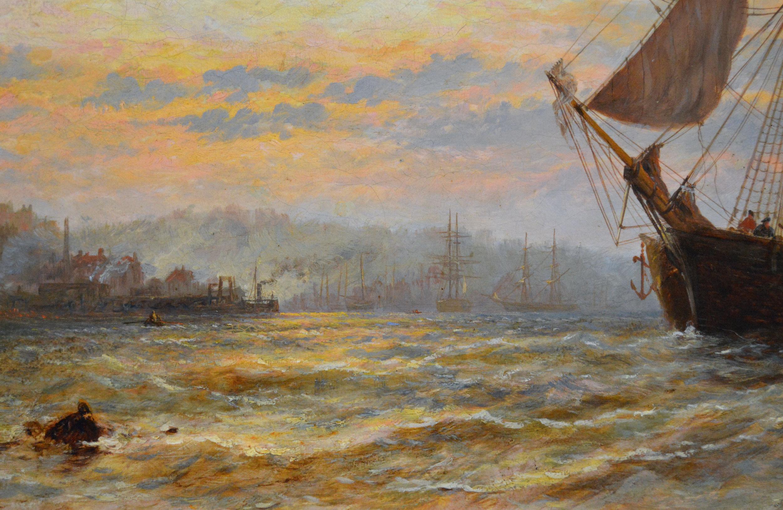 Paesaggio marino del XIX secolo dipinto a olio con barche da pesca al largo di un porto la mattina presto in vendita 2