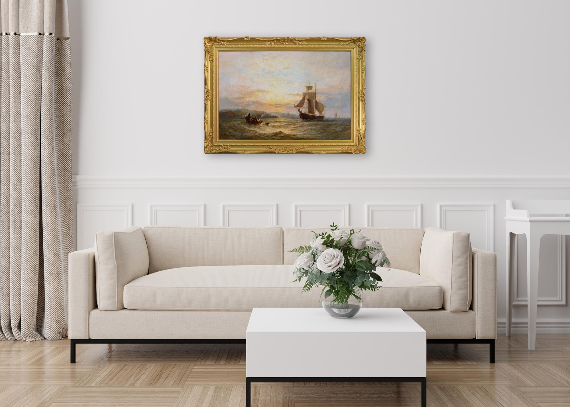 Paesaggio marino del XIX secolo dipinto a olio con barche da pesca al largo di un porto la mattina presto in vendita 5