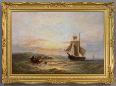 19th Century seascape oil painting of fishing boats off a harbour early morning