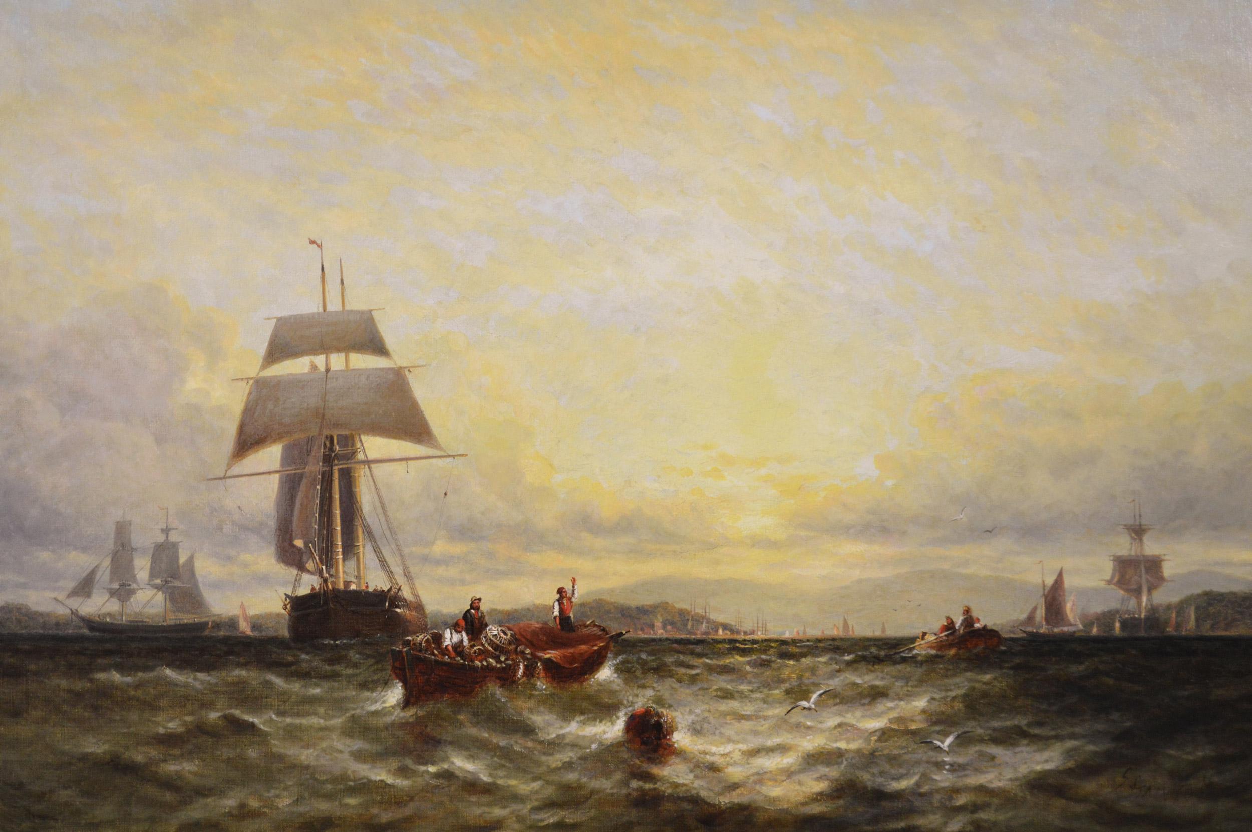 19th Century seascape oil painting of ships at Brading Haven, Isle of Wight - Painting by George Stainton