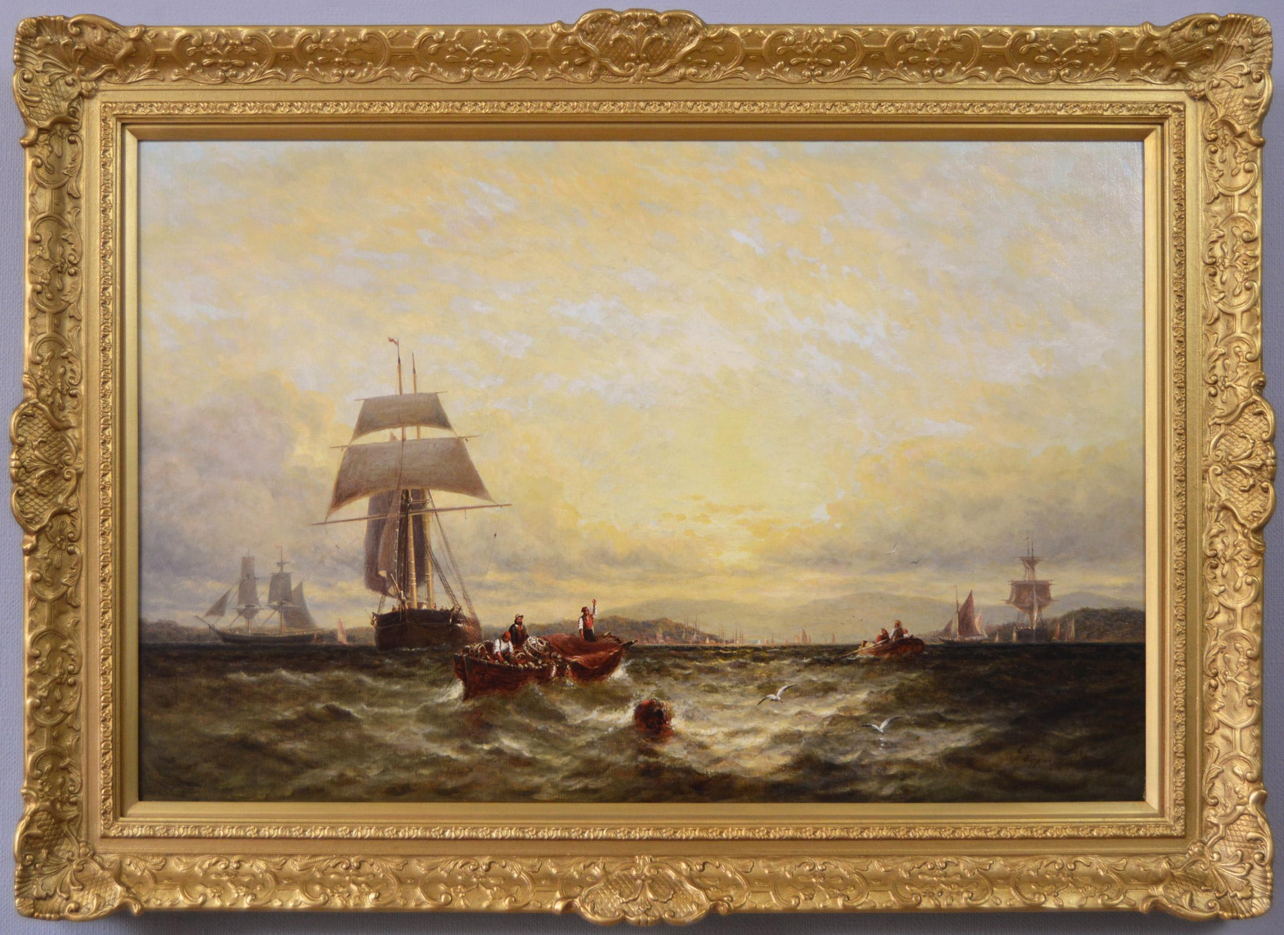 19th Century seascape oil painting of ships at Brading Haven, Isle of Wight