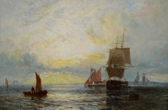 Óleo marino del siglo XIX de barcos en el Támesis