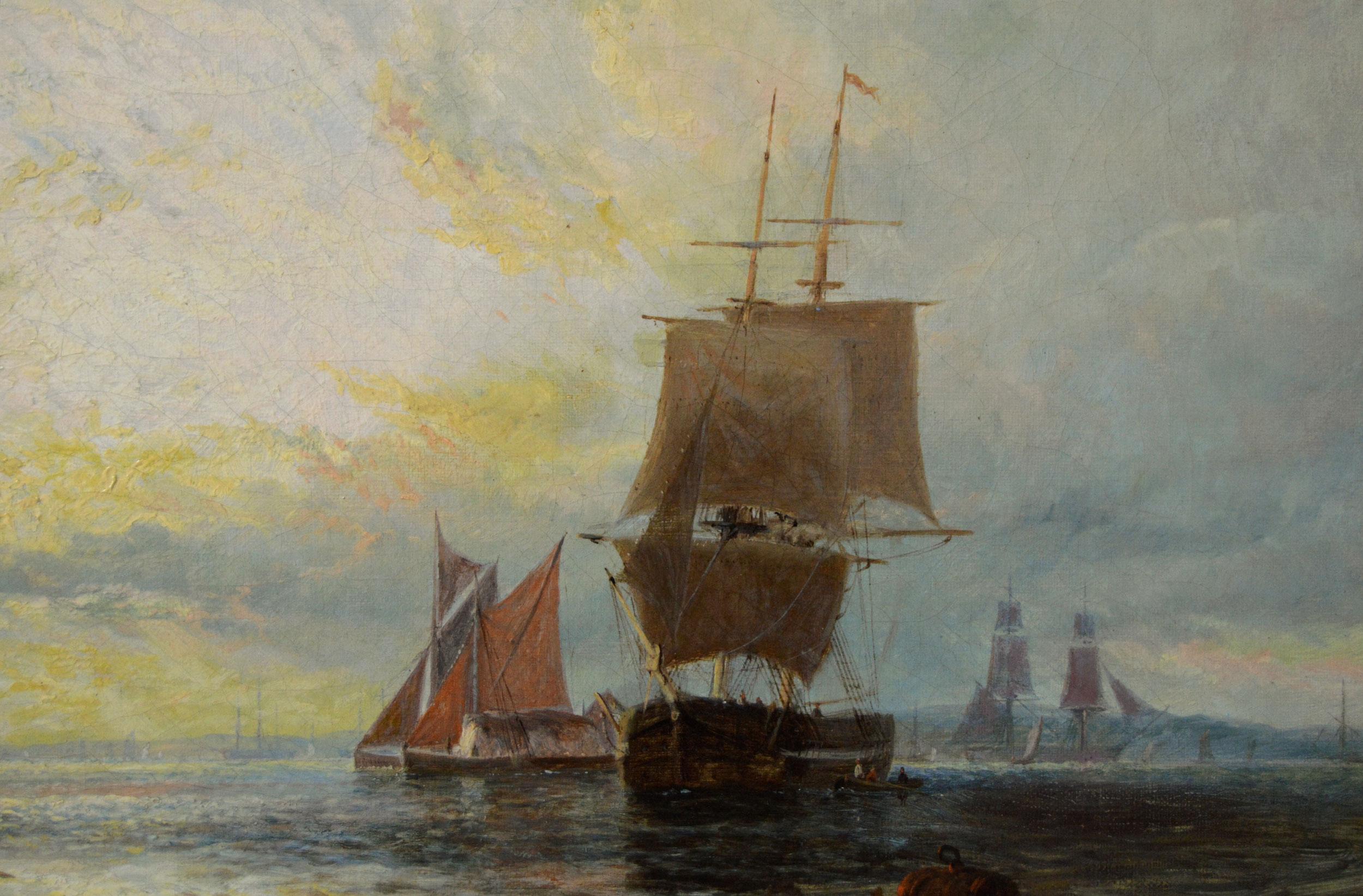 19th Century seascape oil painting of ships on the Thames - Victorian Painting by George Stainton