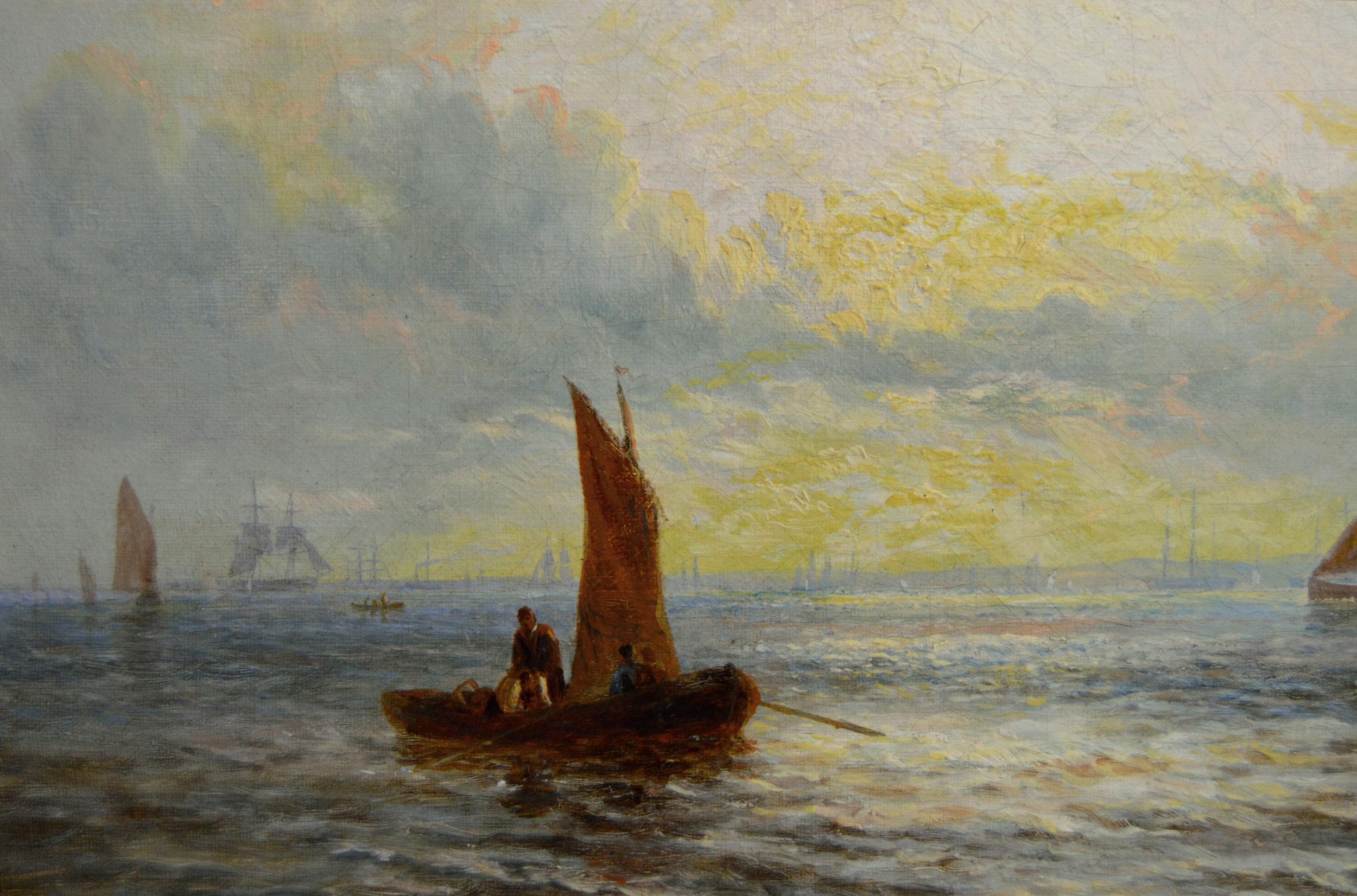 19th Century seascape oil painting of ships on the Thames - Brown Landscape Painting by George Stainton