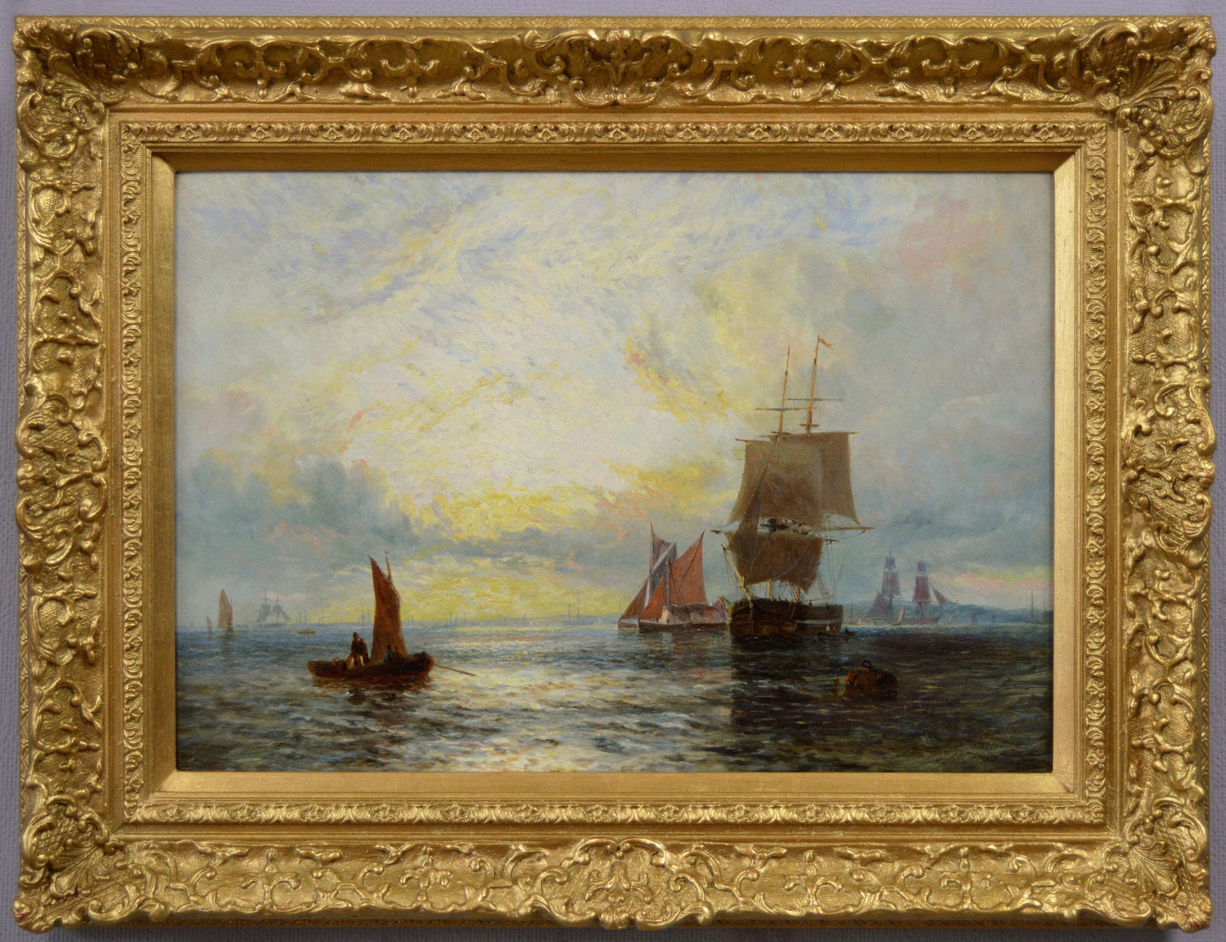 George Stainton Landscape Painting - 19th Century seascape oil painting of ships on the Thames