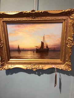 «sherman déchargeant les bateaux à Dusk with Calm Seas » ( Fisherman déchargeant les bateaux au crépuscule) Peinture à l'huile