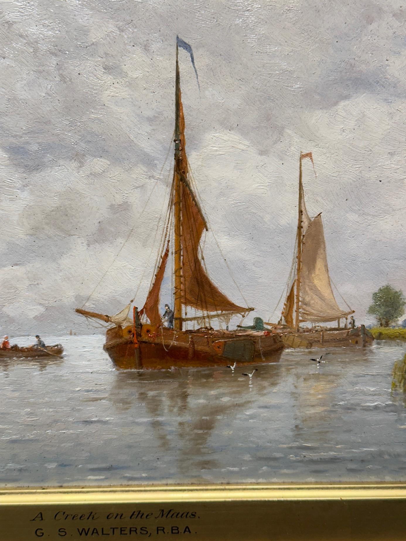 Dieses Gemälde mit dem Titel A Creek on the Maas stammt von George Stanfield Walters (1838-1924), einem britischen Künstler, der für seine Meeres- und Küstenszenen bekannt ist. Walters hat in seinen Werken oft die ruhige Schönheit europäischer