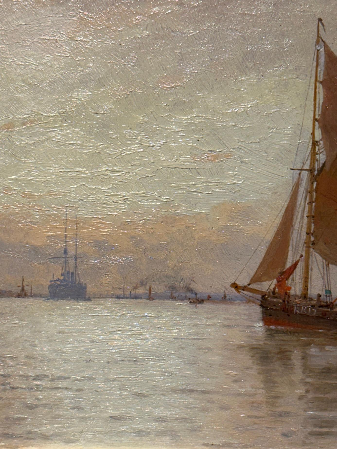 This painting, titled On the Medway, is by George Stanfield Walters (1838–1924), a renowned British maritime artist celebrated for his atmospheric depictions of coastal and river scenes. The River Medway, located in Kent, England, was historically