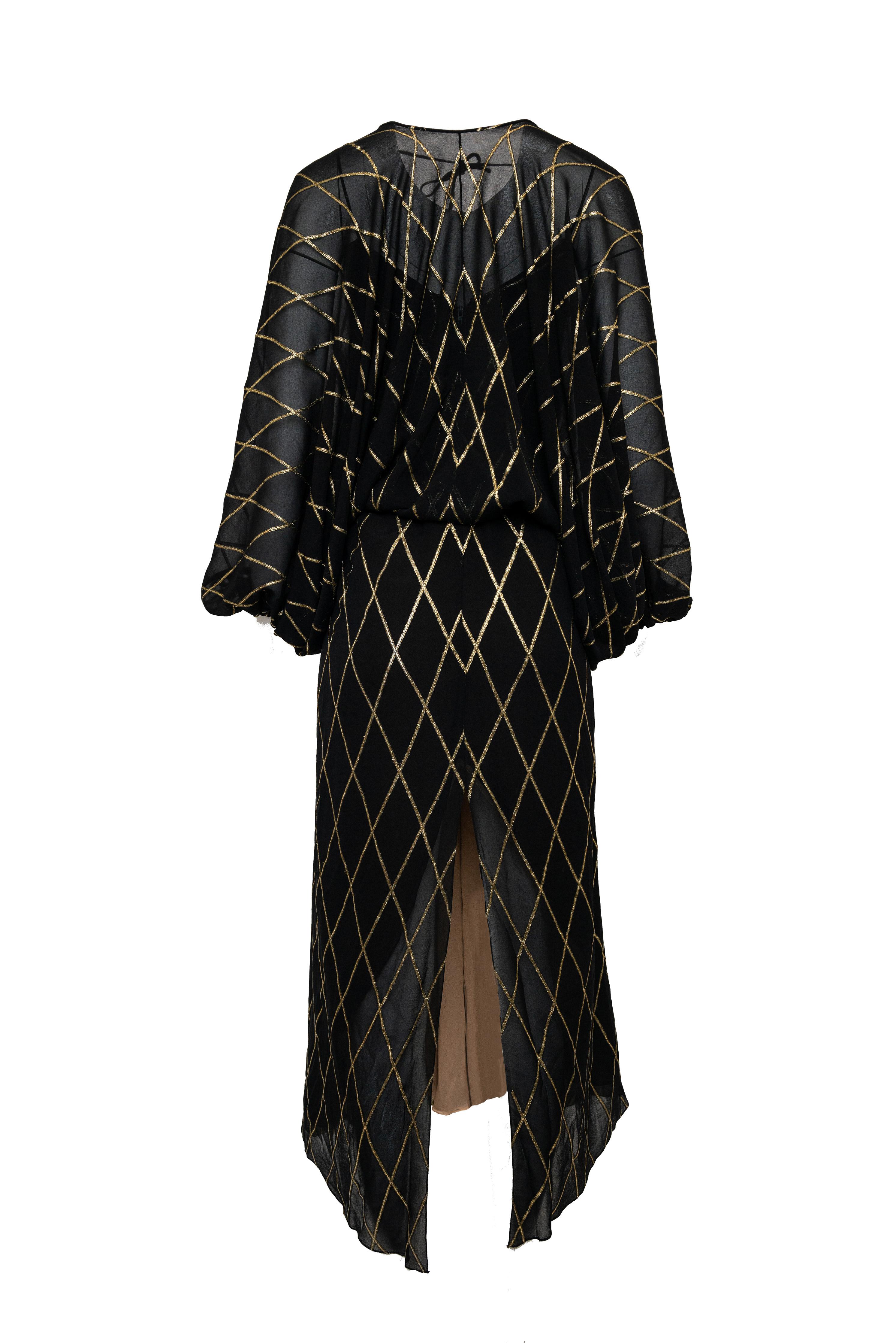 George Stavropoulos Conjunto de vestido de gasa cojo negro con dorado de los años 70 en venta 1