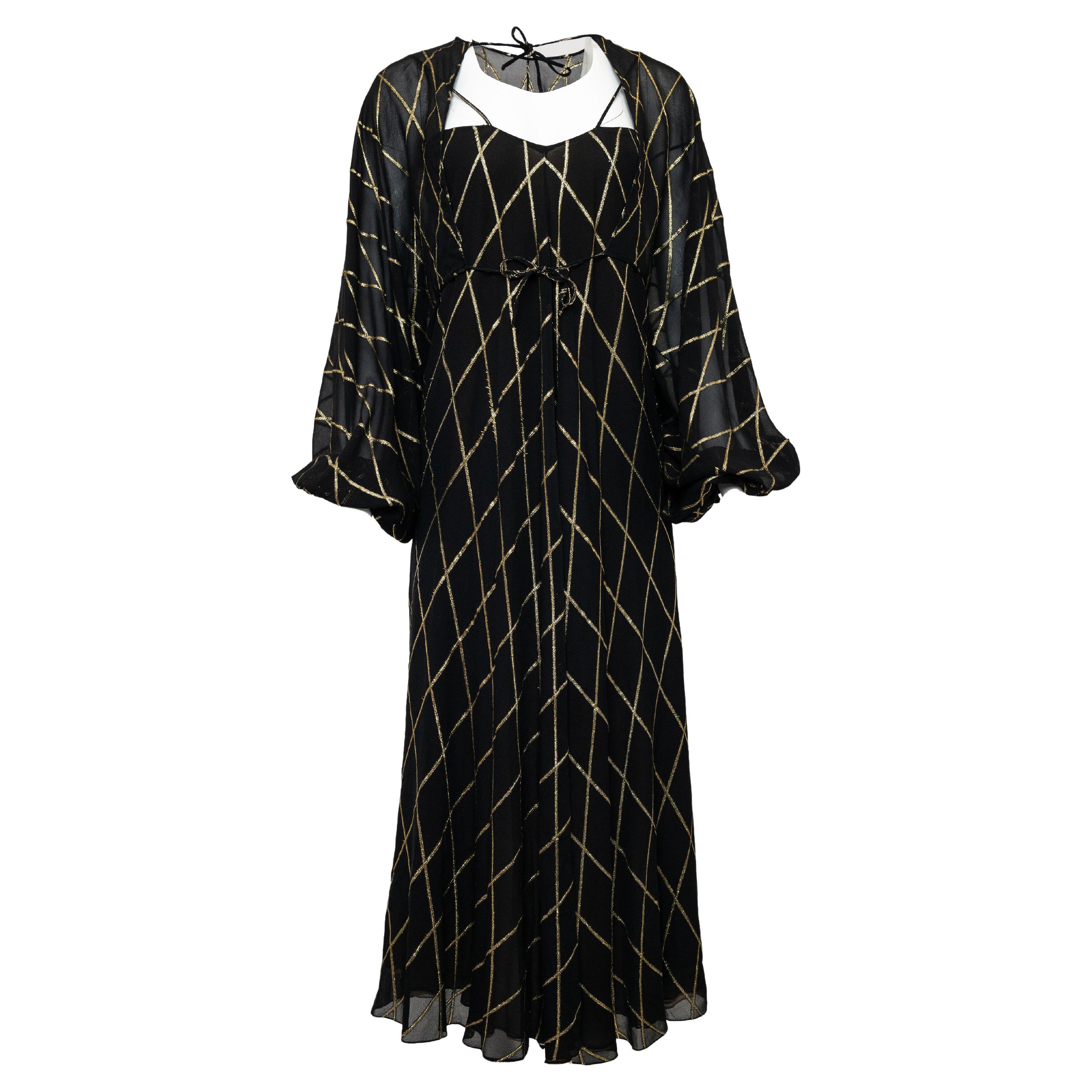 George Stavropoulos 1970
s Black with Gold Lame Chiffon Dress Set