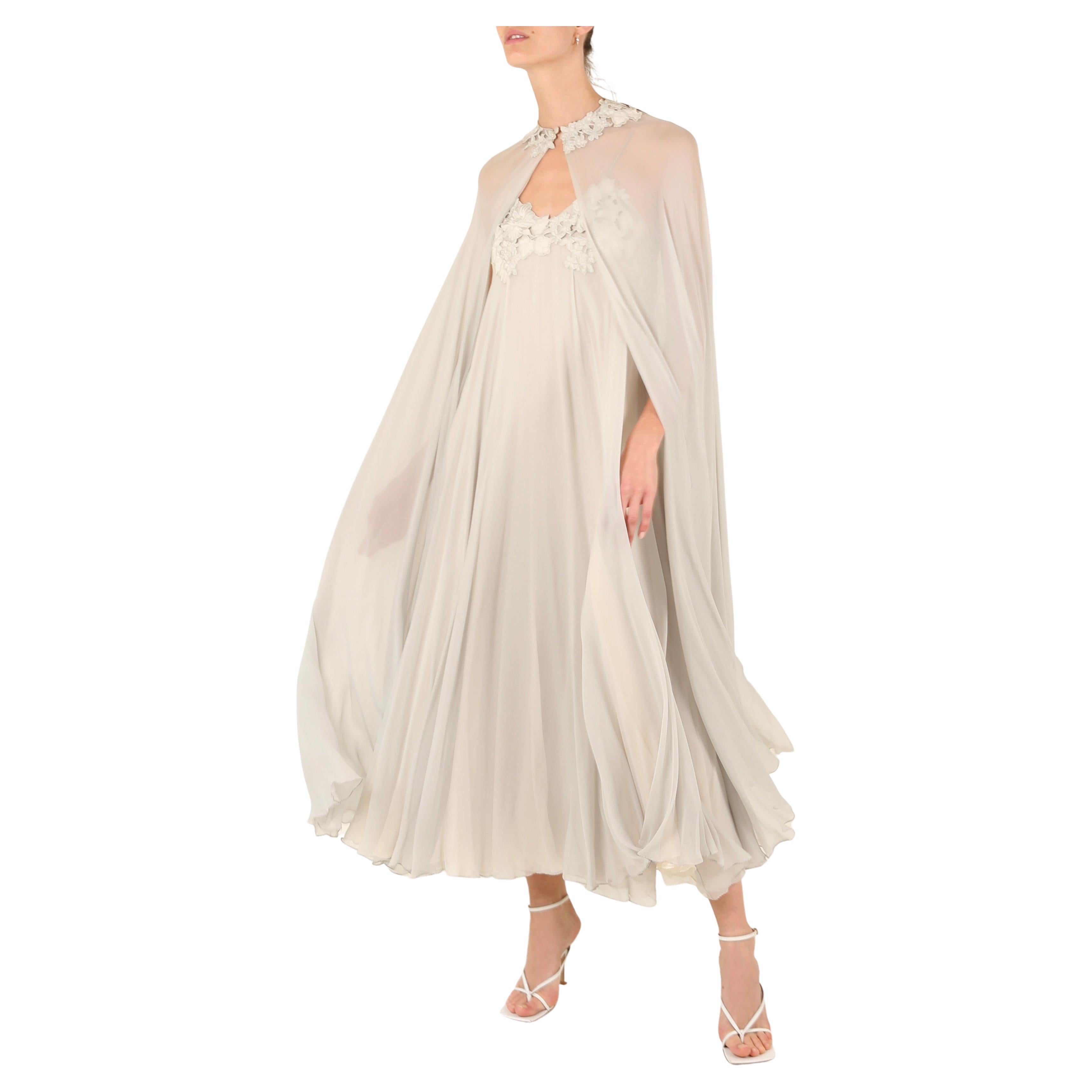 George Stavropoulous 70's sheer cape & silk chiffon layered floral gown dress For Sale