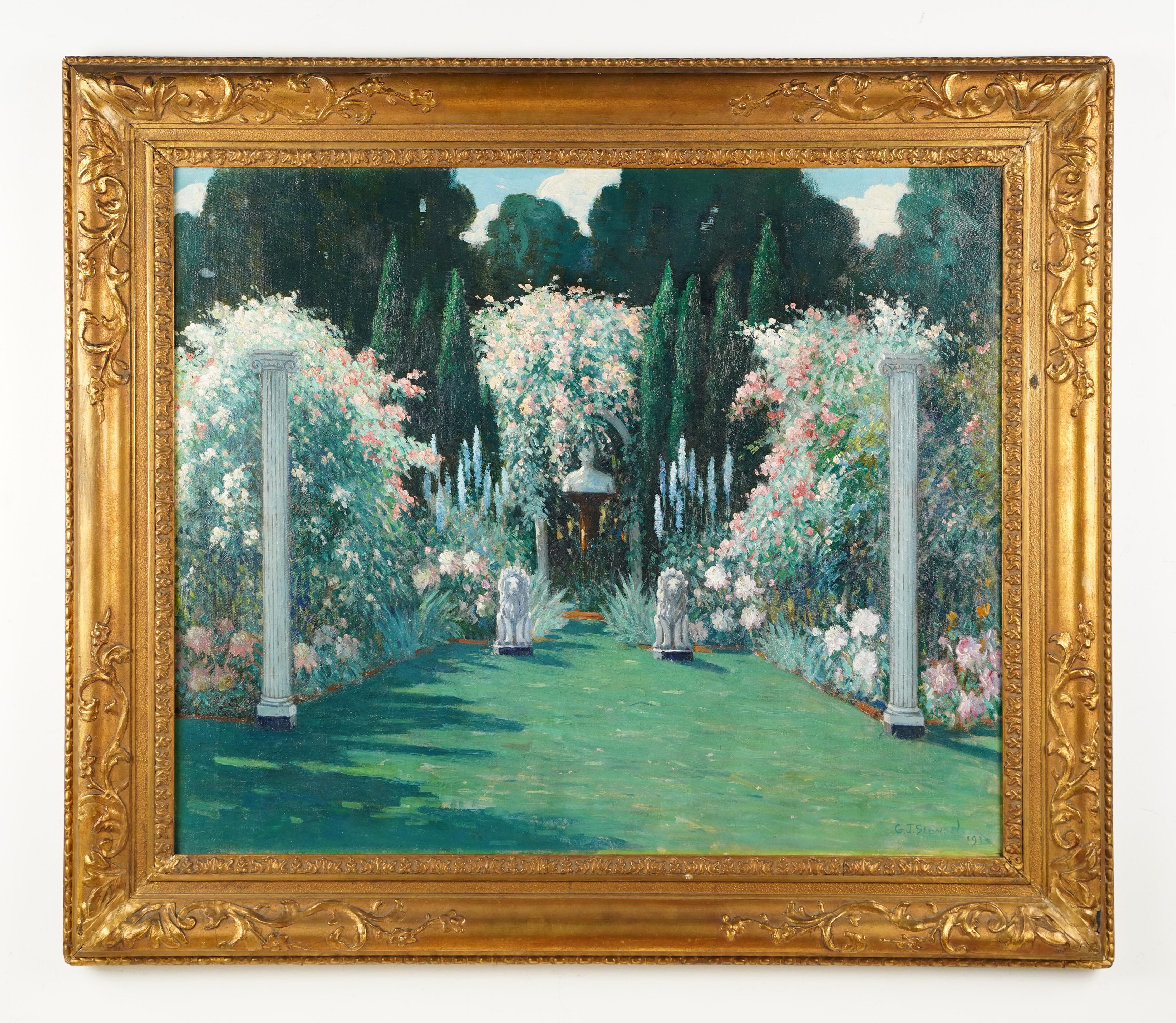 Antiguo paisaje de jardín de flores firmado por un impresionista americano  Pintura al óleo - Painting Impresionista de George Stengel