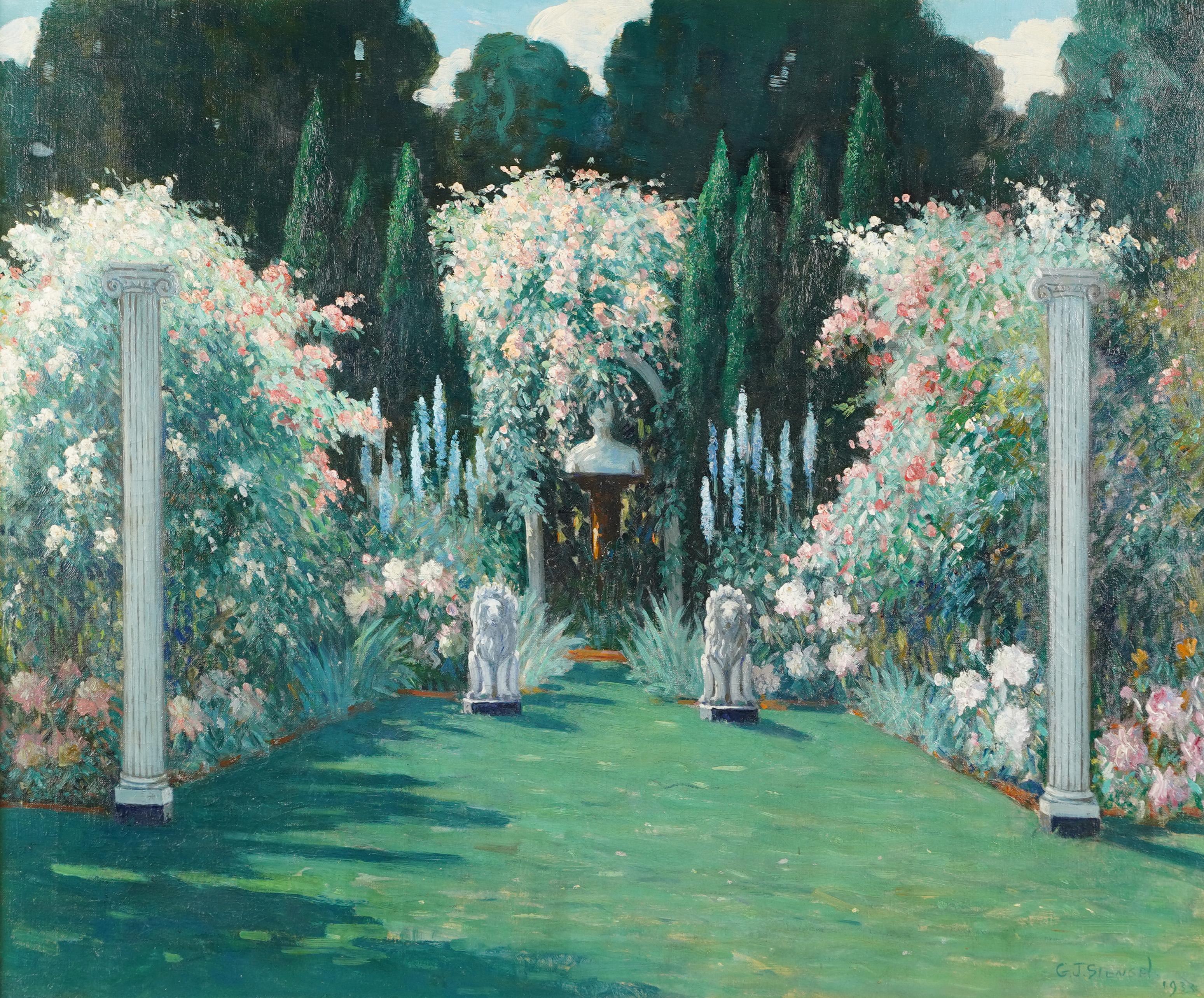 Antiguo paisaje de jardín de flores firmado por un impresionista americano  Pintura al óleo - Still-Life Painting Marrón de George Stengel