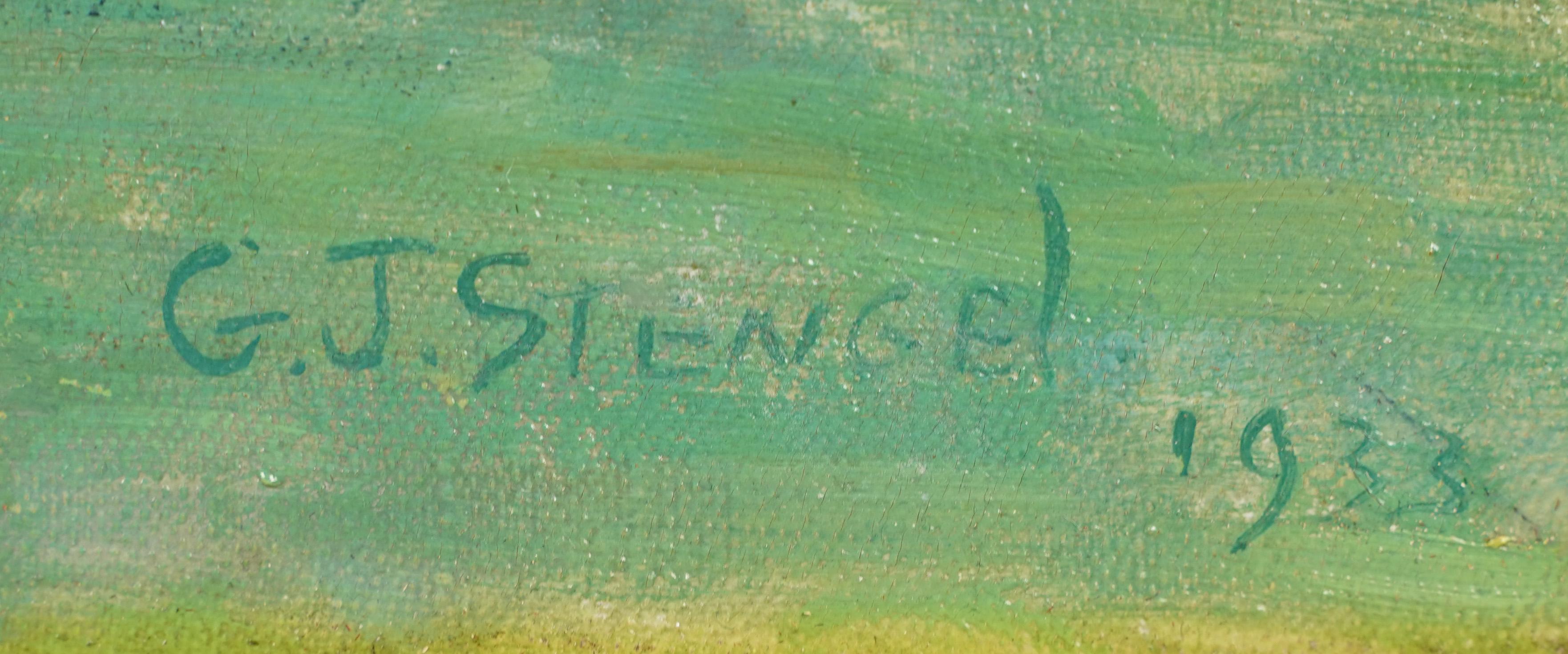 Antiguo paisaje de jardín de flores firmado por un impresionista americano  Pintura al óleo 1