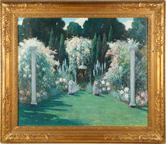 Paysage de jardin impressionniste américain ancien signé Peinture à l'huile