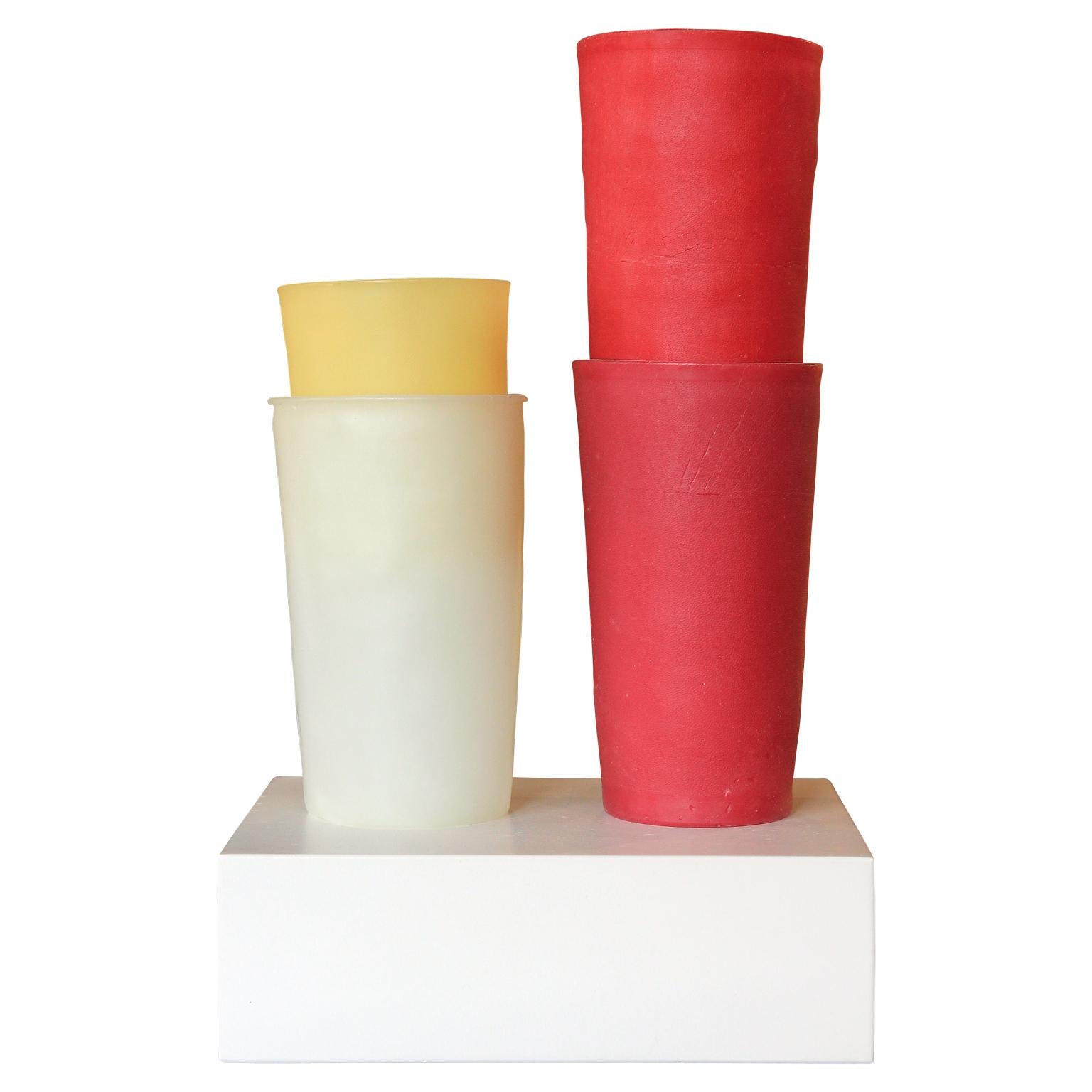 "Untitled #2 (Tupperware)" Red, Yellow, & White Realistic Beeswax Cup Sculpture