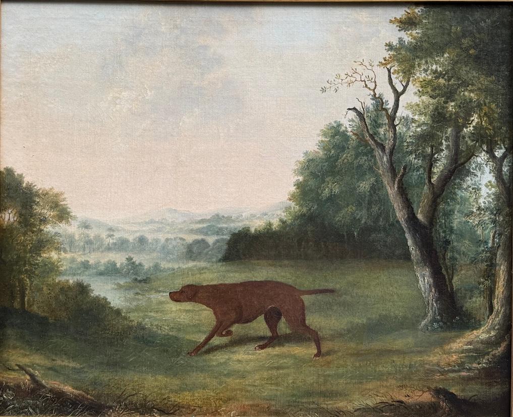 19th century English portrait of a Gun dog, hound in an English garden landscape - Painting by George Stubbs