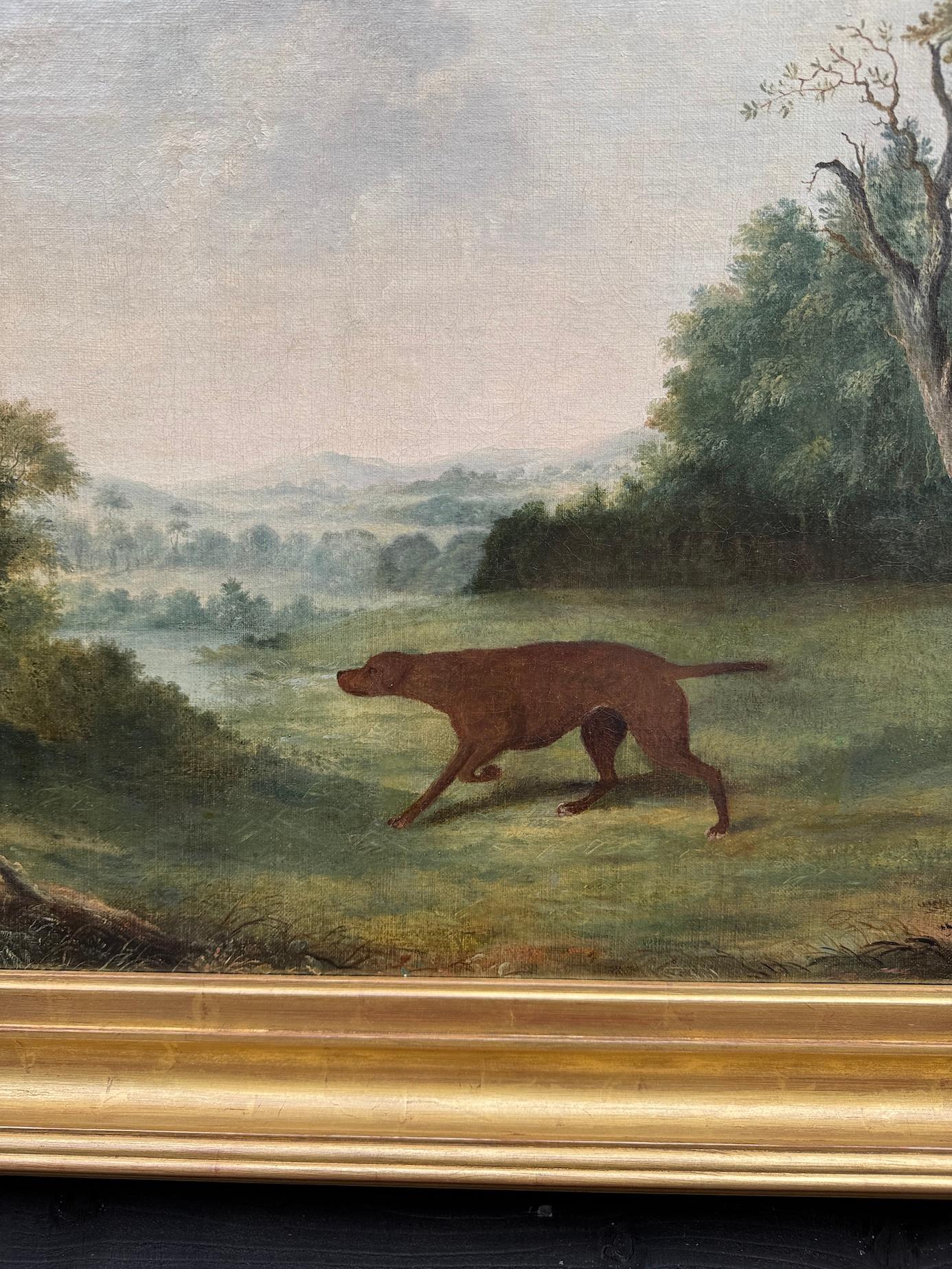19th century English portrait of a Gun dog, hound in an English garden landscape - Old Masters Painting by George Stubbs