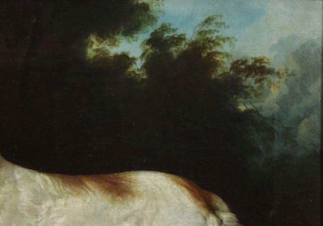 Cercle de George Stubbs (1724-1806). Portrait anglais du XVIIIe siècle d'un épagneul d'eau dans un paysage boisé. 
Ce charmant tableau est un merveilleux exemple du style de peinture canine anglaise rendu populaire par des artistes tels que George