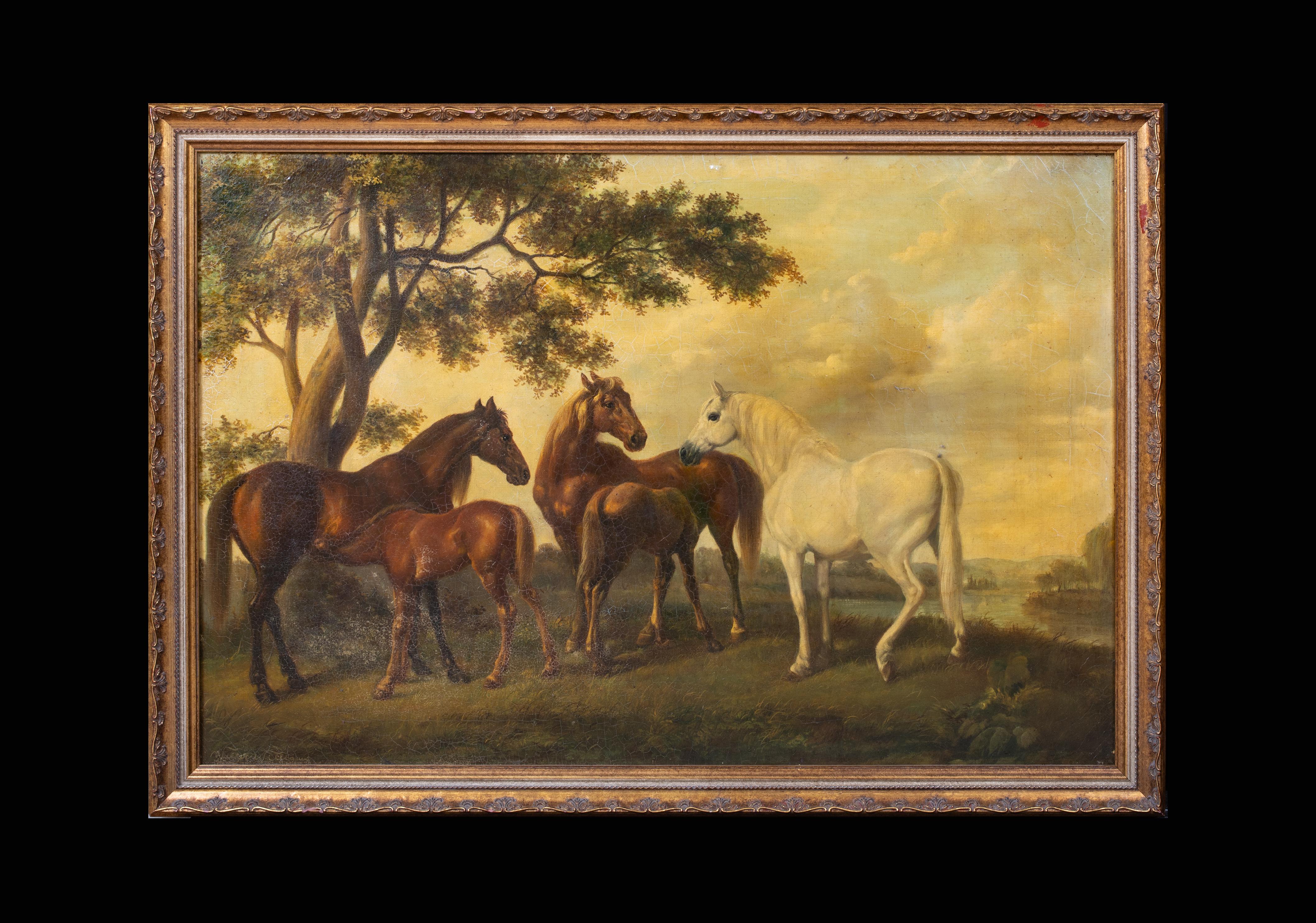 Horses In A Field, 18th/19th Century  circle of GEORGE STUBBS (1724-1806) - Painting by George Stubbs