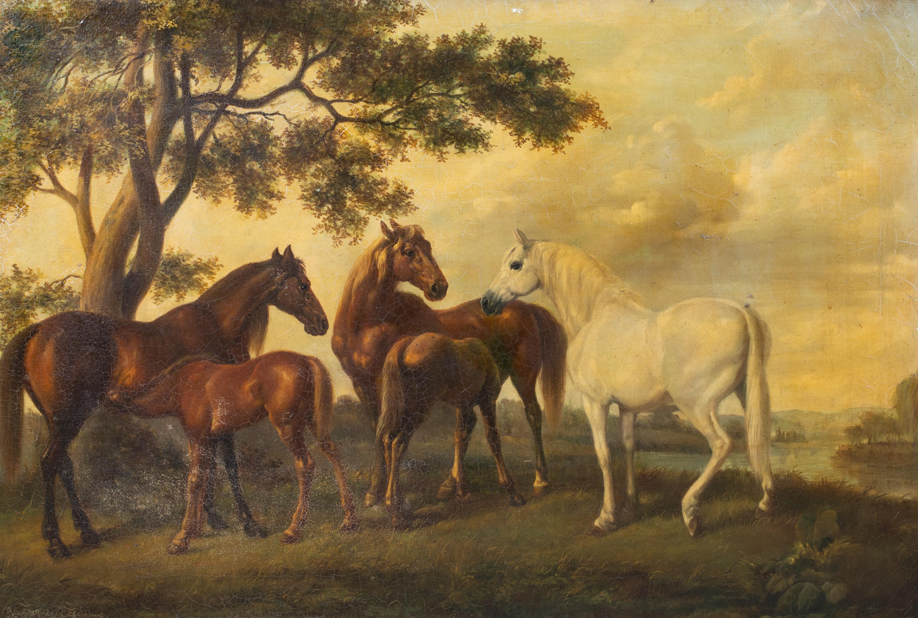 Horses In A Field, 18th/19th Century

after GEORGE STUBBS (1724-1806)

Large 18th/19th Century English scene of horses in a field, oil on canvas. Excellent quality work that would be enhanced with a professional clean of various horses and foals