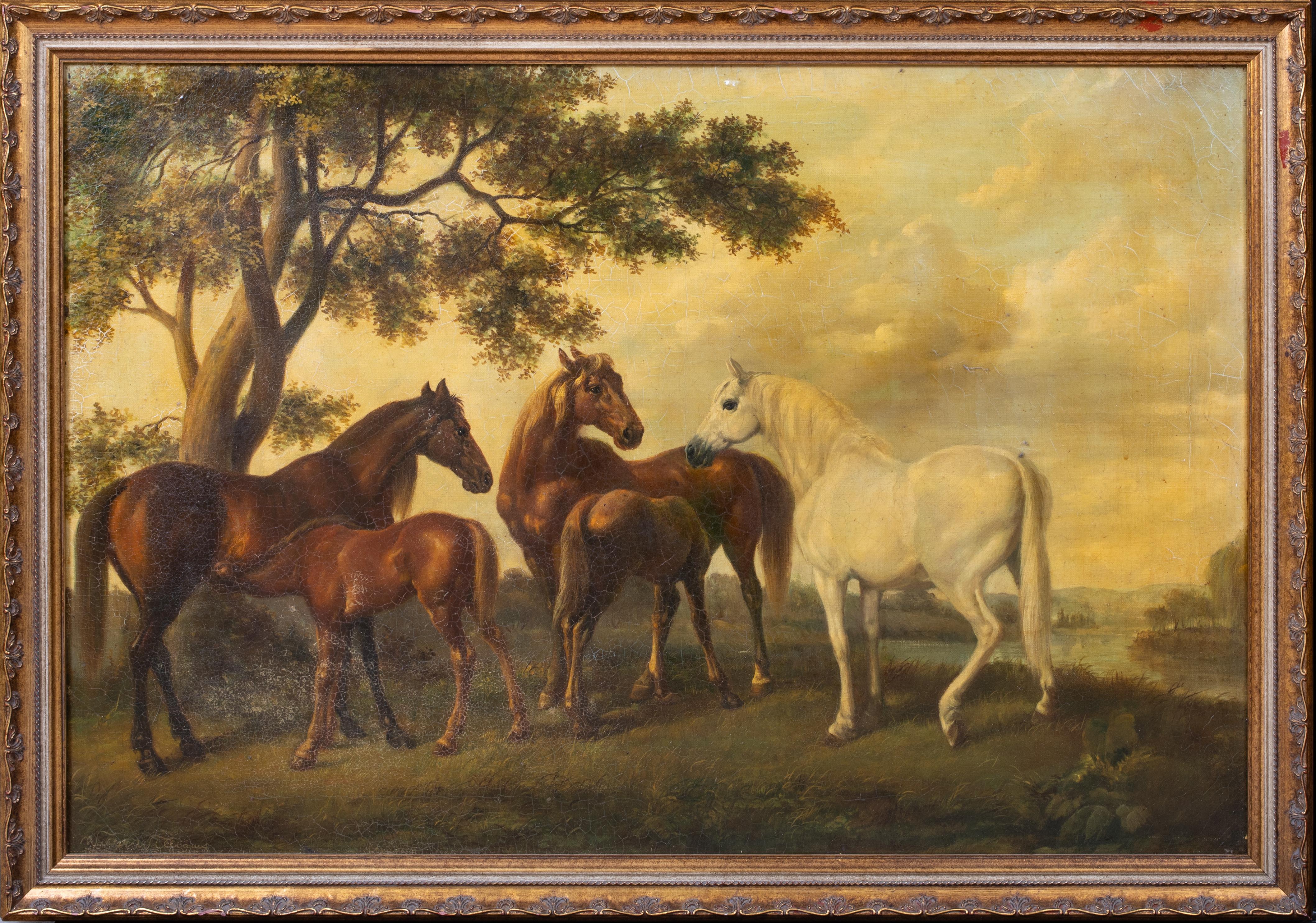 George Stubbs Animal Painting - Horses In A Field, 18th/19th Century  circle of GEORGE STUBBS (1724-1806)  