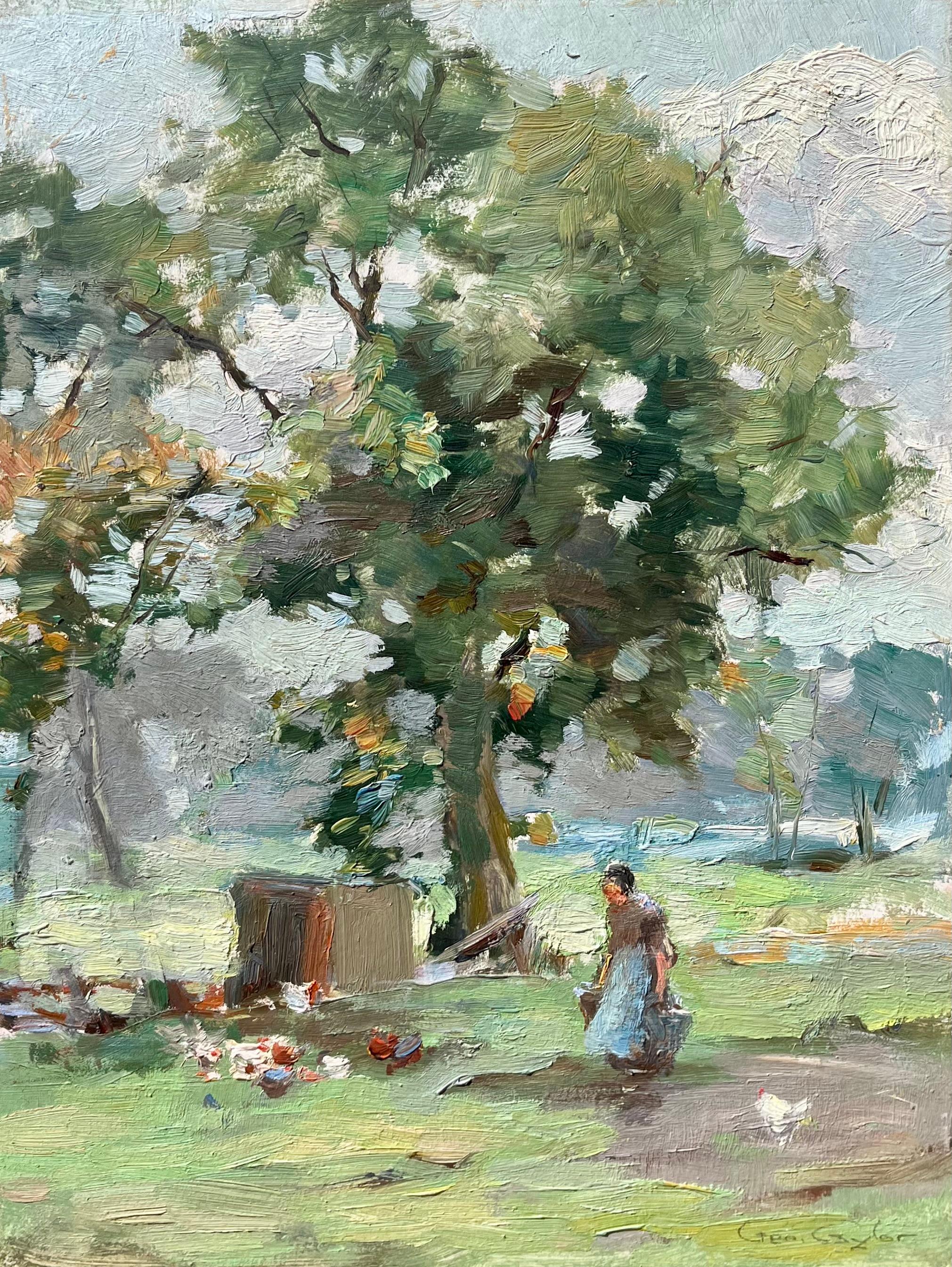 Figurative Painting di George Taylor - Dare da mangiare alle galline