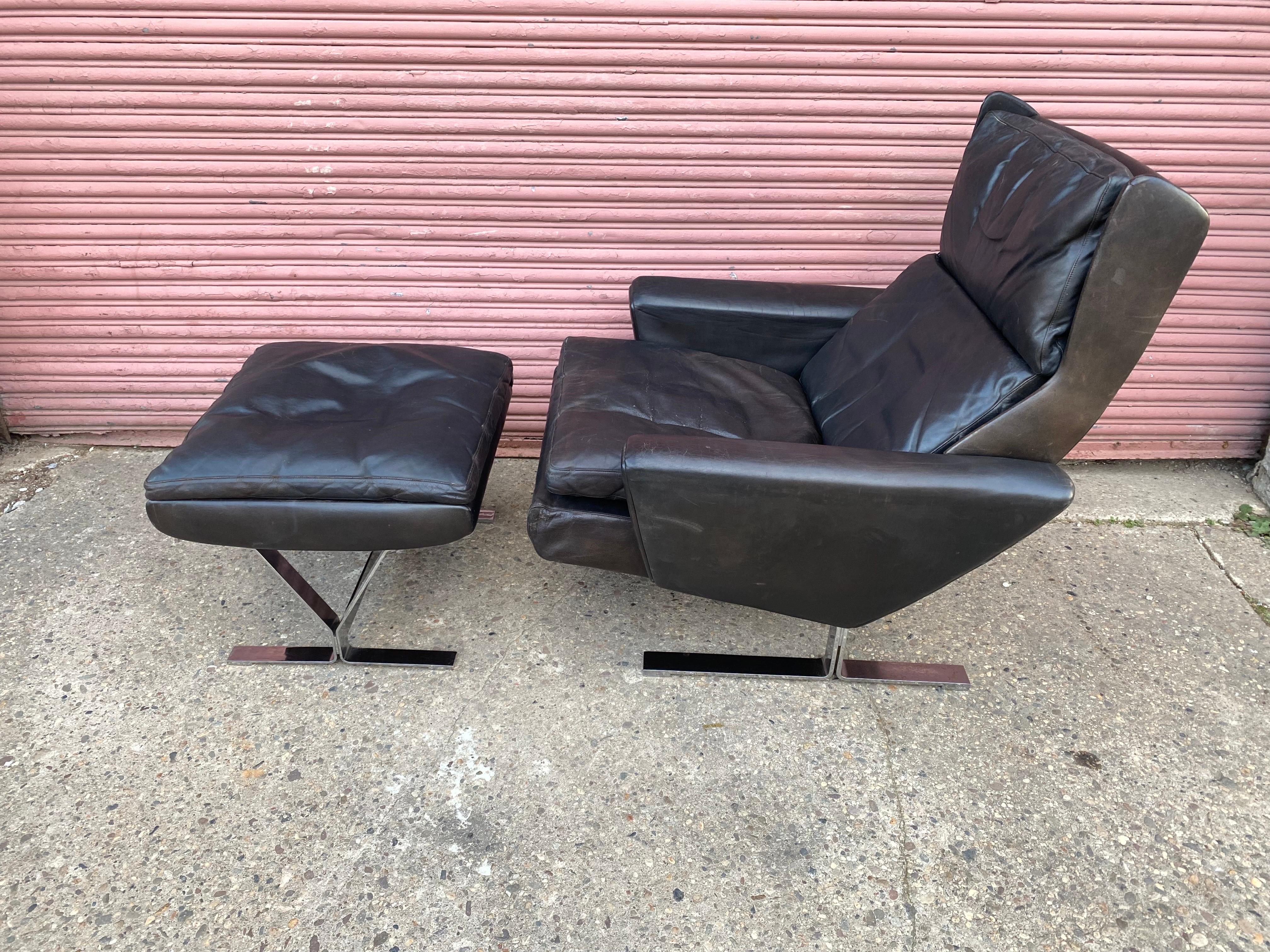 Mid-20th Century George Thams for A. S. Vejen Leather and Chrome Danish Lounge Chair and Ottoman For Sale