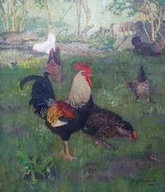 Victorian Chickens and Cockerel in a landscape - British animal art oil painting