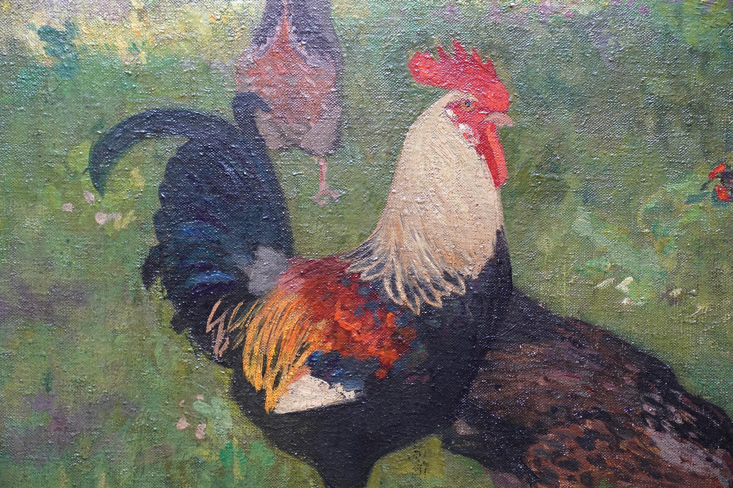 Polli e galletti vittoriani in un paesaggio - pittura ad olio di arte animale britannica - Animal Painting Marrone di George Thompson