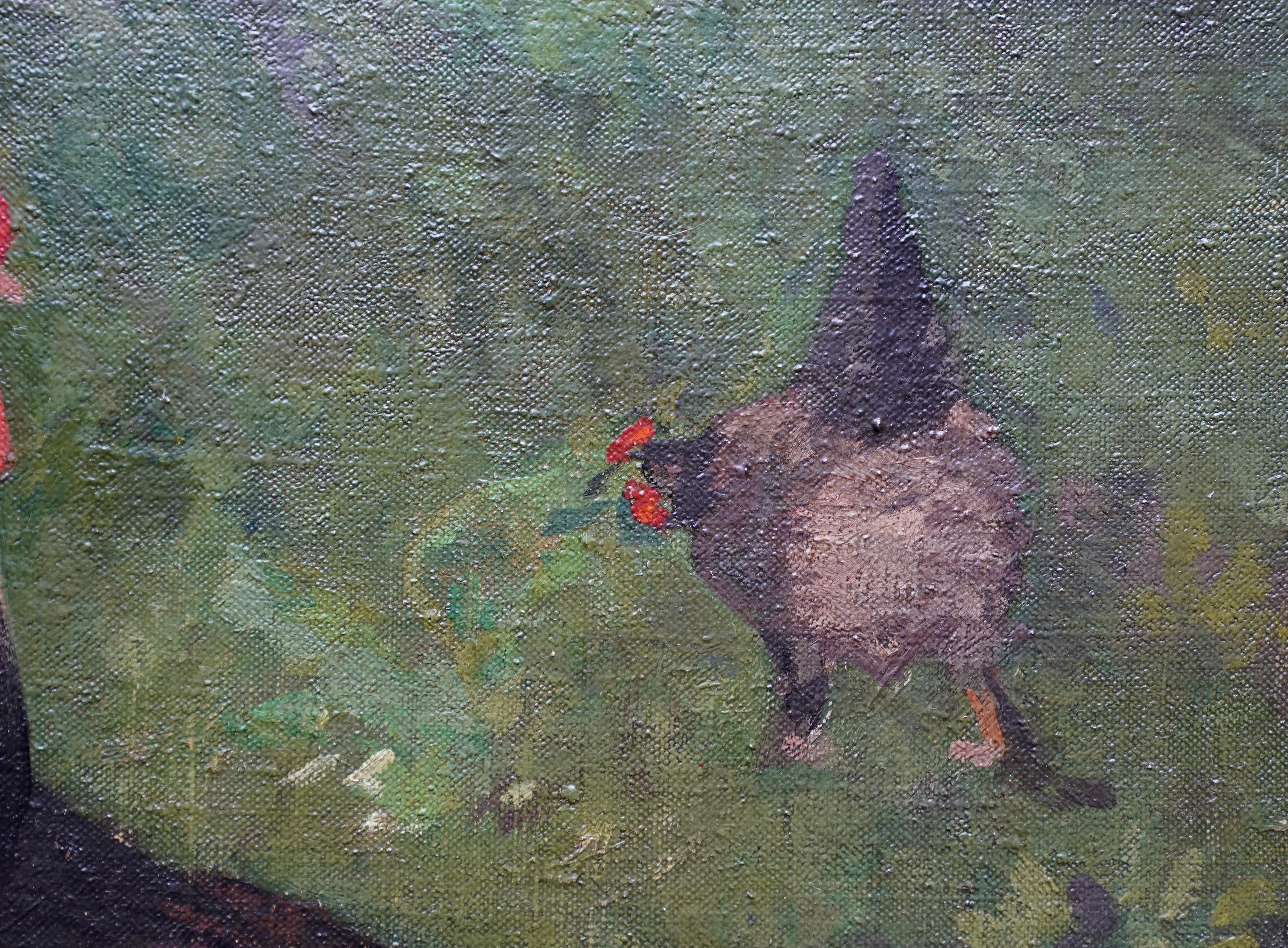 Polli e galletti vittoriani in un paesaggio - pittura ad olio di arte animale britannica 1