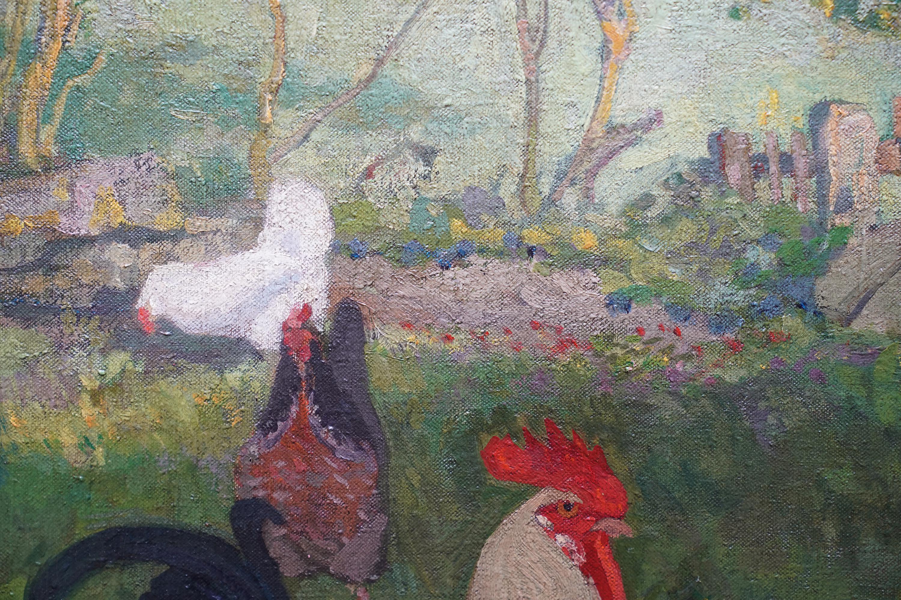 Polli e galletti vittoriani in un paesaggio - pittura ad olio di arte animale britannica 4
