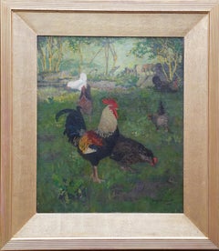 Polli e galletti vittoriani in un paesaggio - pittura ad olio di arte animale britannica