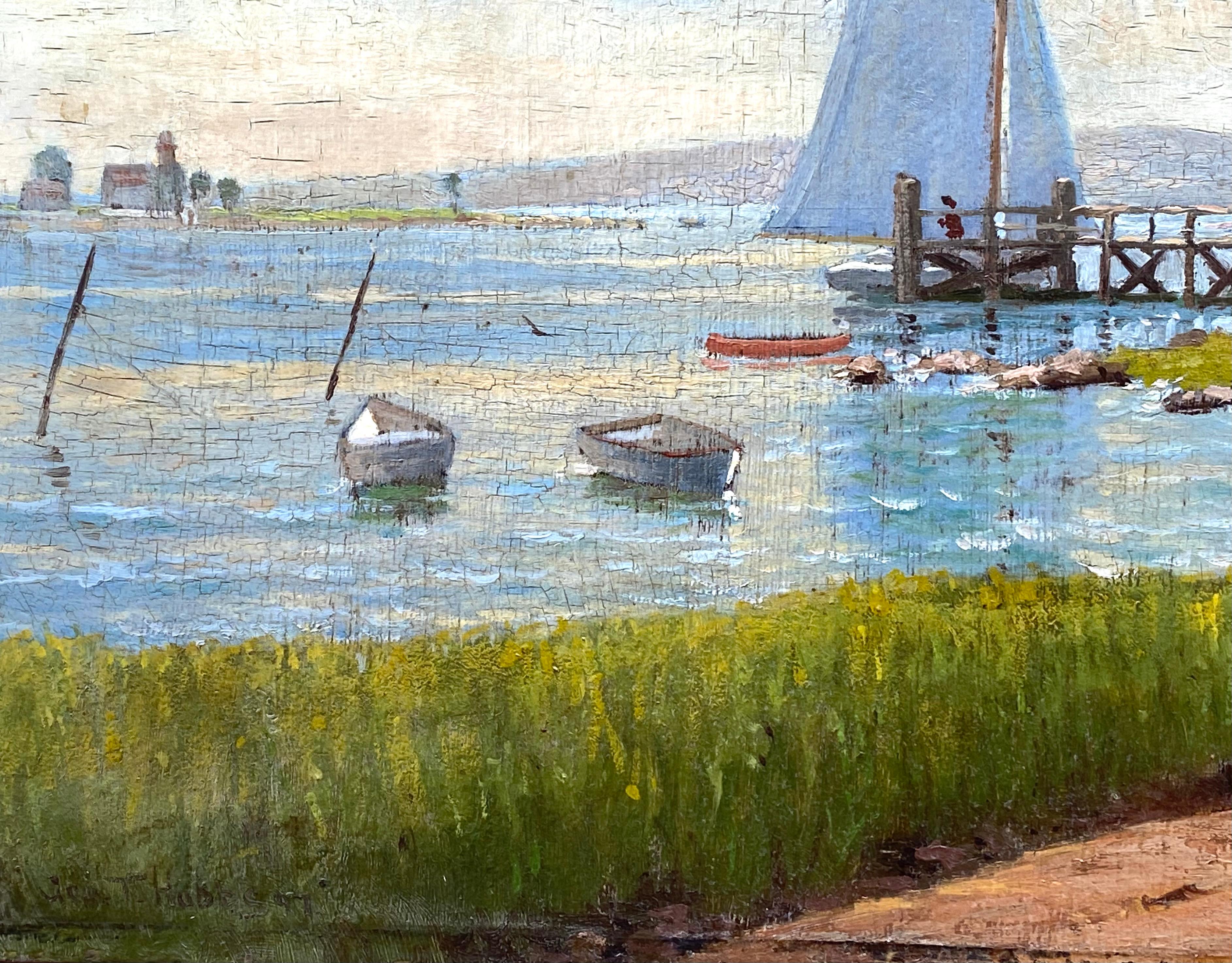 Segelboot im Dock (Blau), Landscape Painting, von George Thompson Hobbs