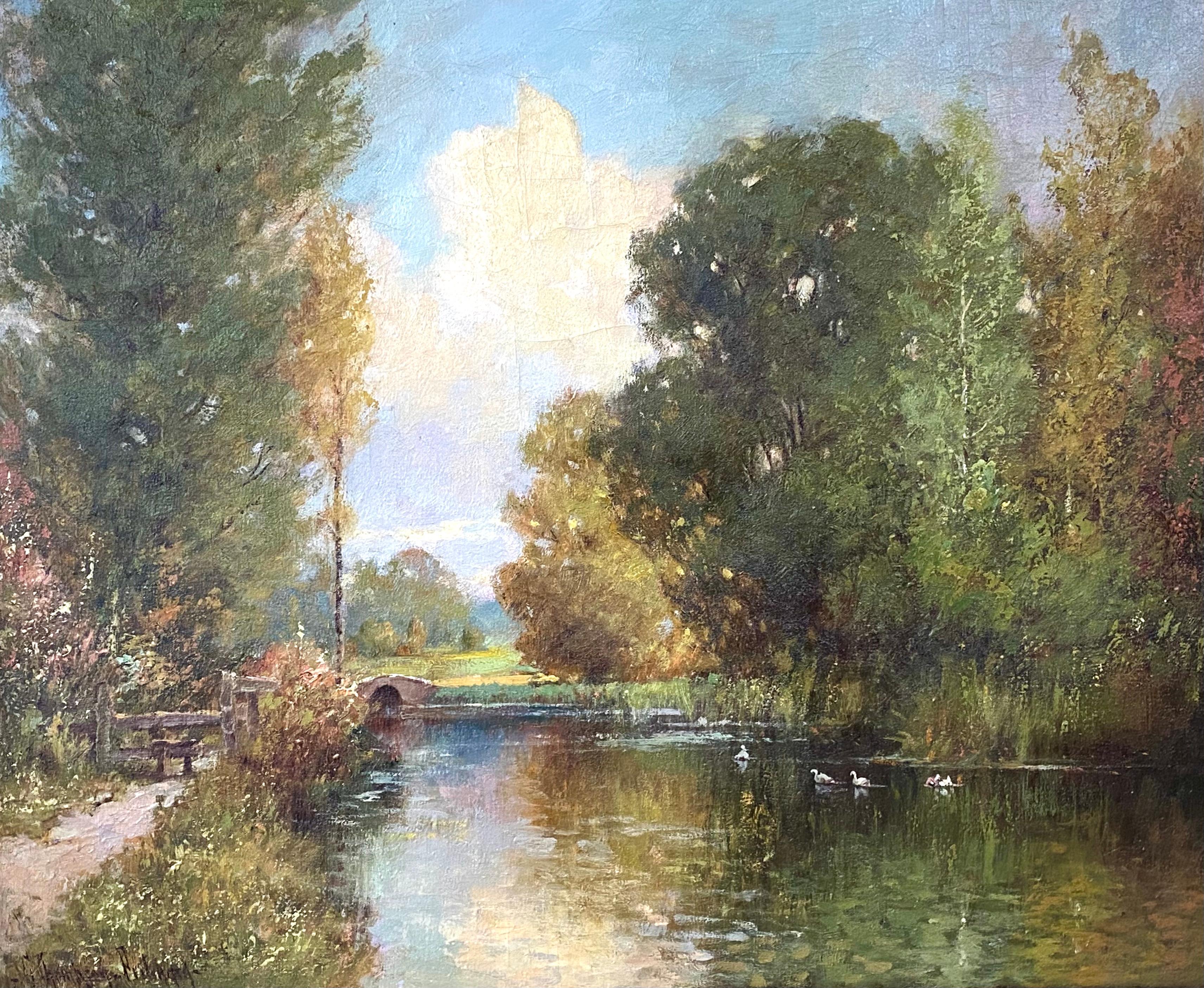 Peinture originale à l'huile sur toile d'une journée d'été bucolique.  Magnifiquement exécutée avec des tons chauds et riches et de magnifiques reflets d'eau. Le tableau a été peint vers 1935 par l'artiste bien connu, George Thompson Pritchard. 