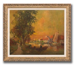 Pittura a olio impressionista con paesaggio fluviale di George Thompson Pritchard, incorniciata