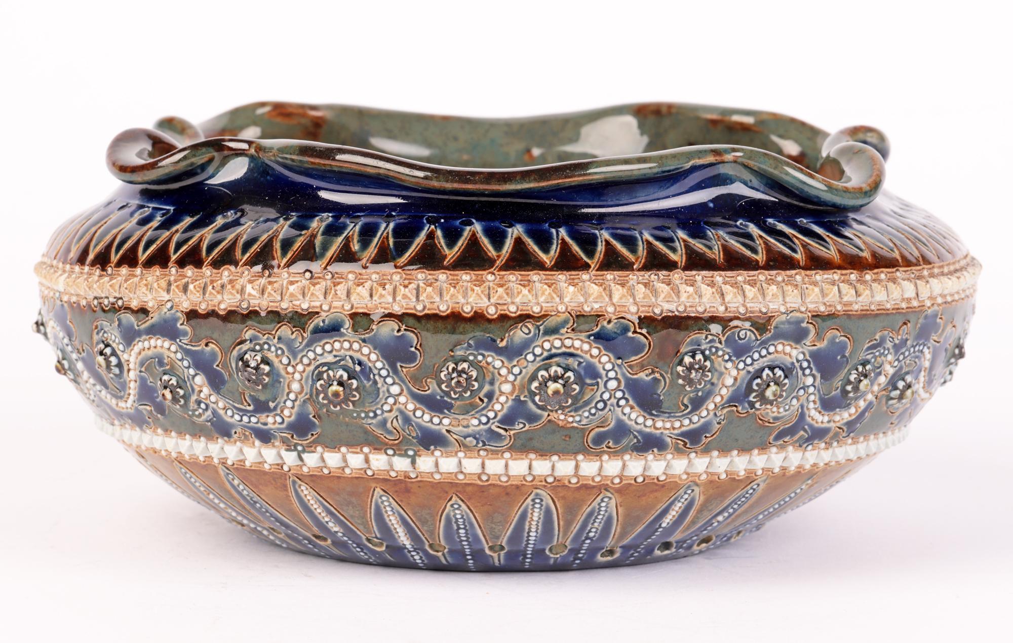 Glazed George Tinworth Doulton Lambeth Aesthetic Movement Pottery Bowl, 1879 For Sale