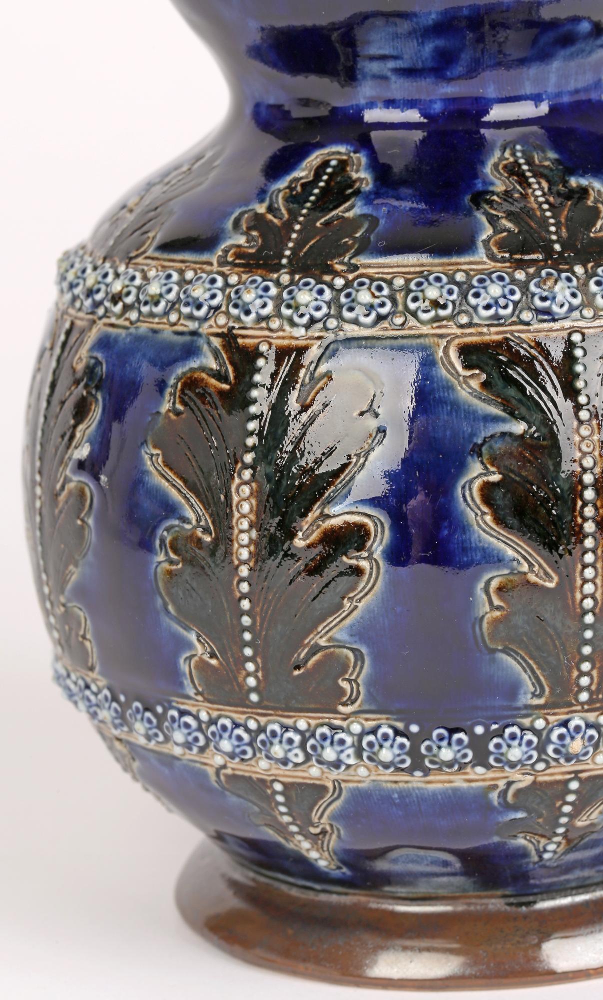 Aesthetic Movement George Tinworth for Doulton Lambeth Leaf & Floral Design Art Pottery Vase 1877