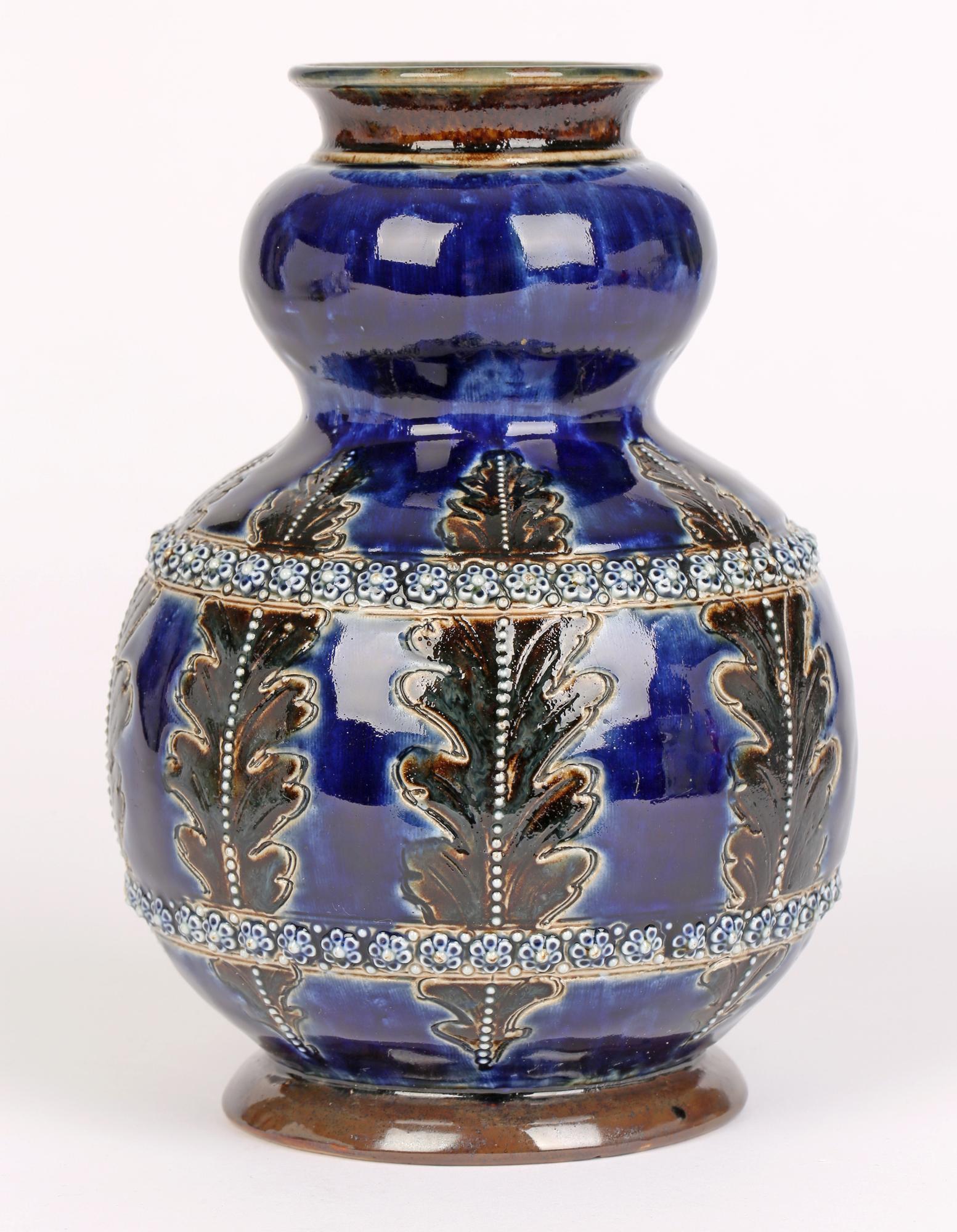 English George Tinworth for Doulton Lambeth Leaf & Floral Design Art Pottery Vase 1877