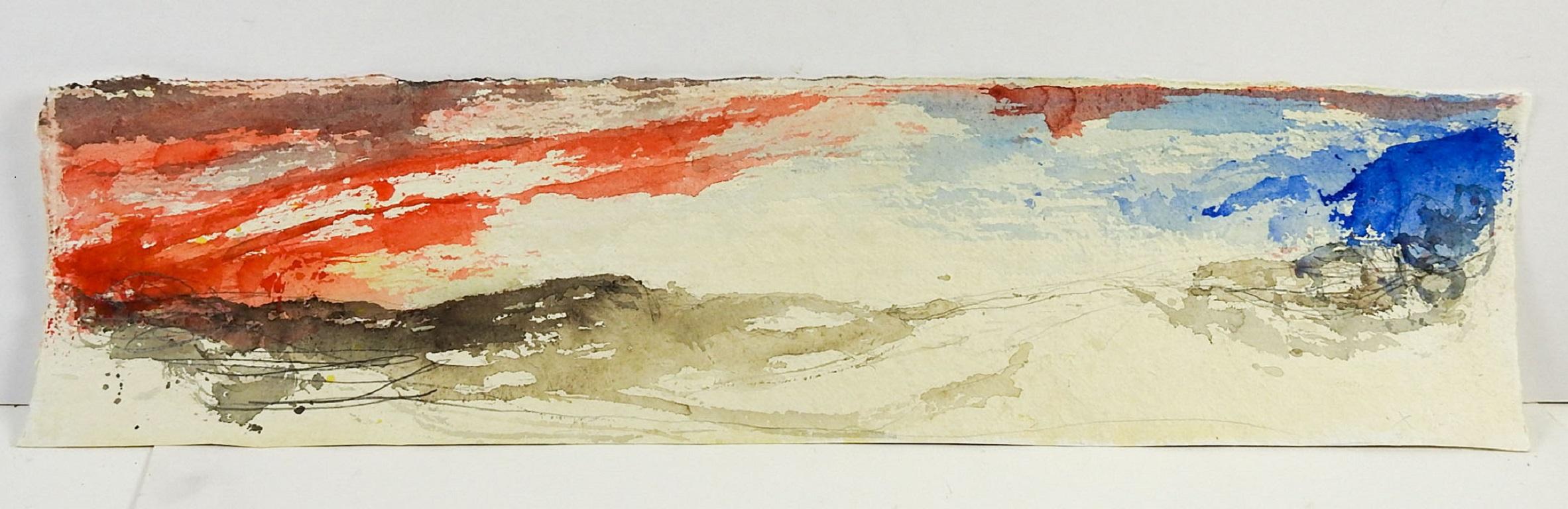 Early 21st century long-format abstract landscape in red, blue and gray by George Turner (1943-2014) using watercolor and pencil on heavy watercolor paper. Unframed, signed with an X lower right, from the artist's estate. I have a number of these