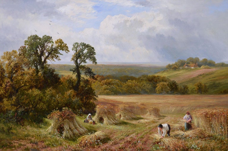 19th Century Derbyshire landscape oil painting of a harvest - Painting by George Turner