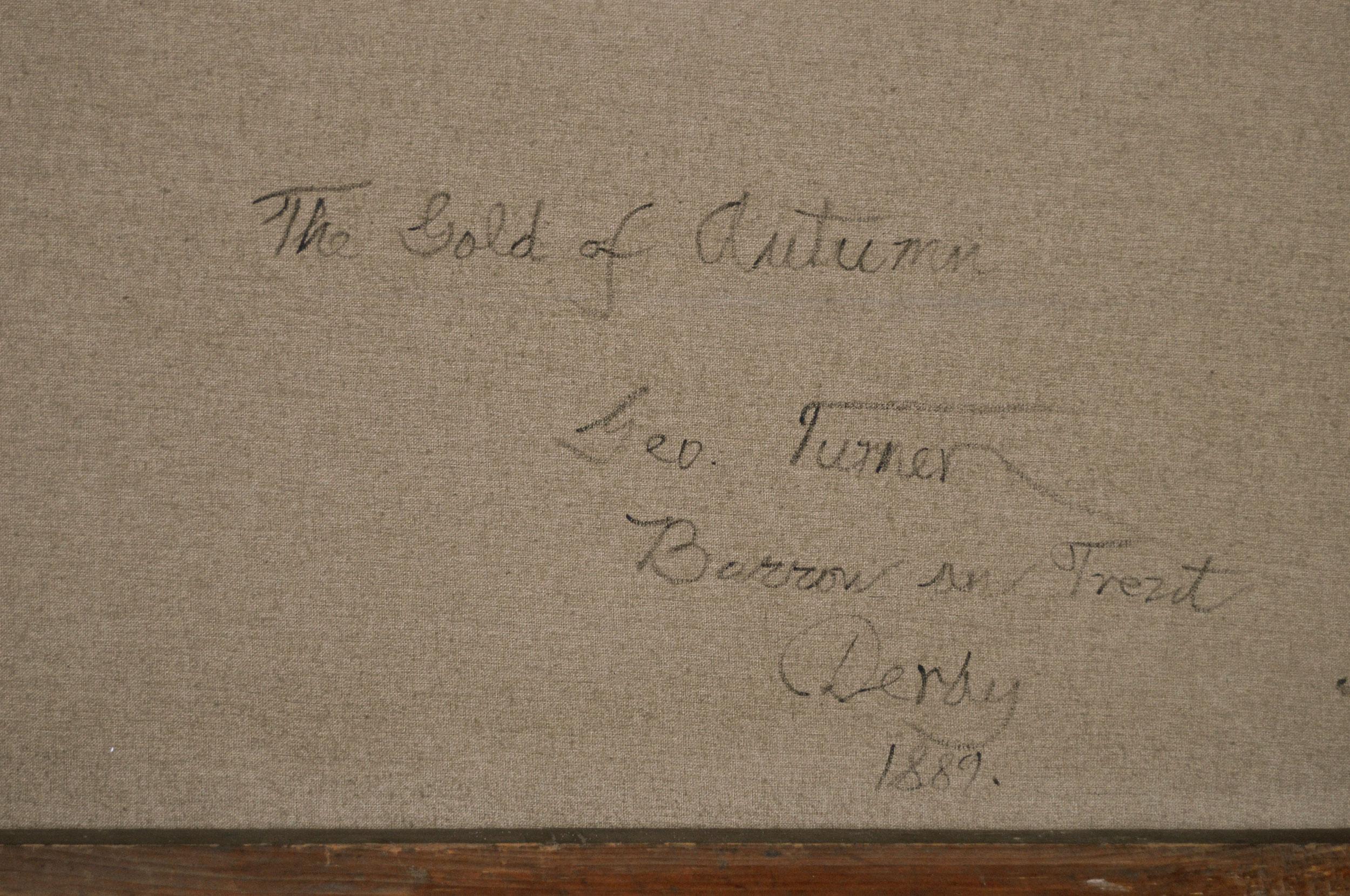 George Turner 
British, (1843-1910)
The Gold of Autumn
Oil on canvas, signed & dated (18)89, further transcribed verso
Image size: 19.5 inches x 29.5 inches
Size including frame: 26 inches x 36 inches

George Turner was a landscape painter born in
