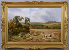 Antique 19th Century Derbyshire landscape oil painting of a harvest