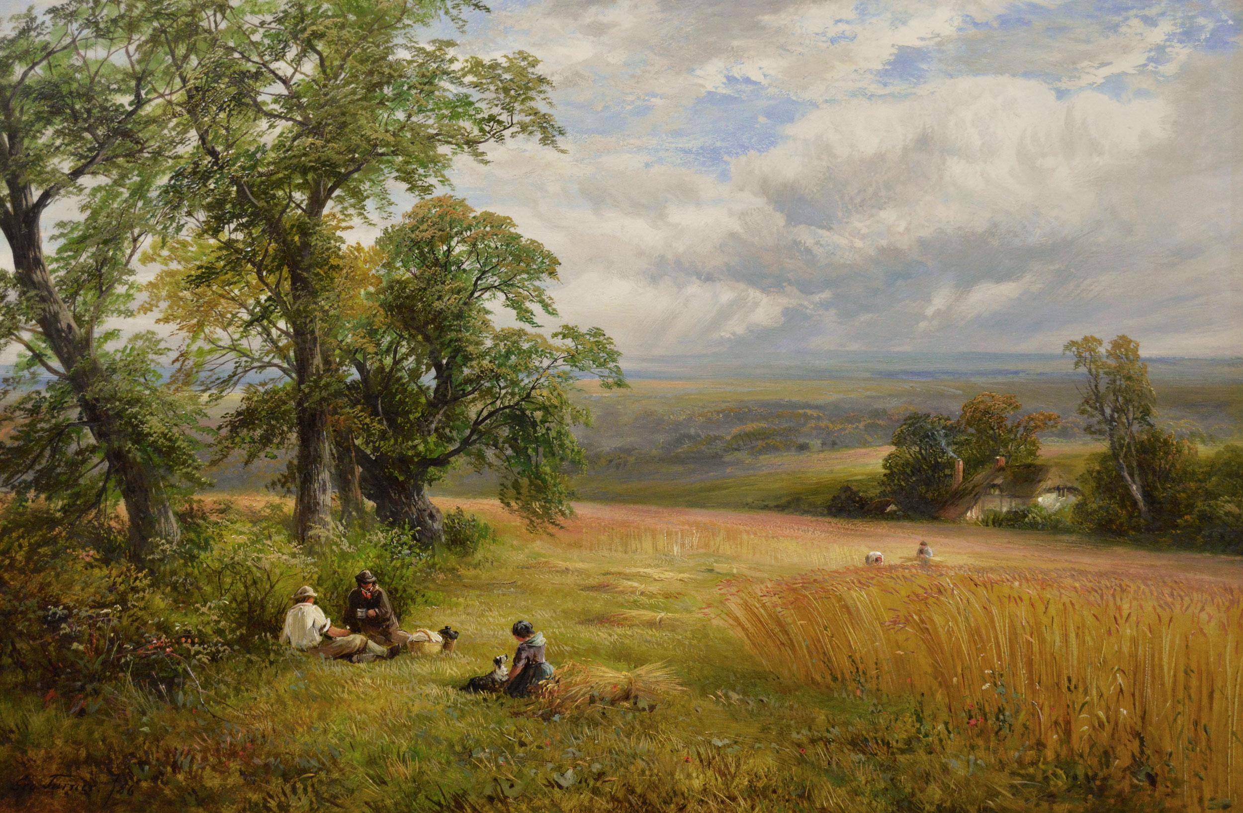 Paesaggio del XIX secolo dipinto ad olio con un raccolto nel Derbyshire - Painting di George Turner