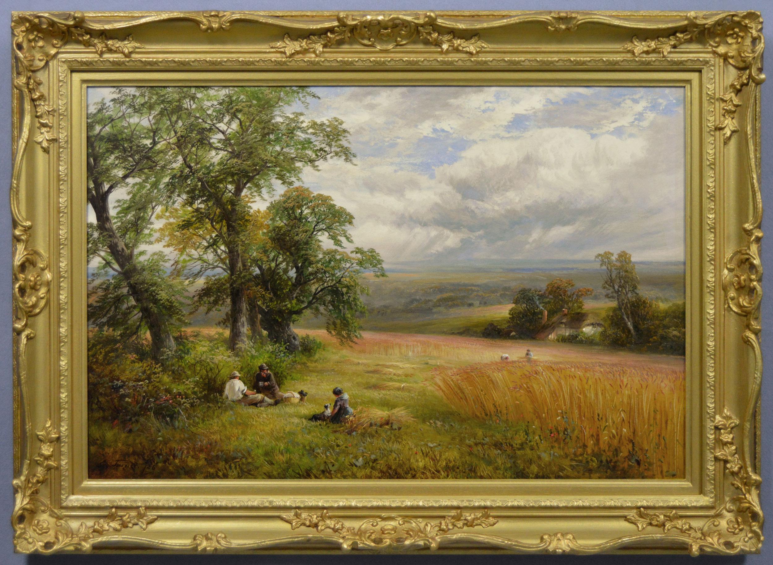 Paesaggio del XIX secolo dipinto ad olio con un raccolto nel Derbyshire