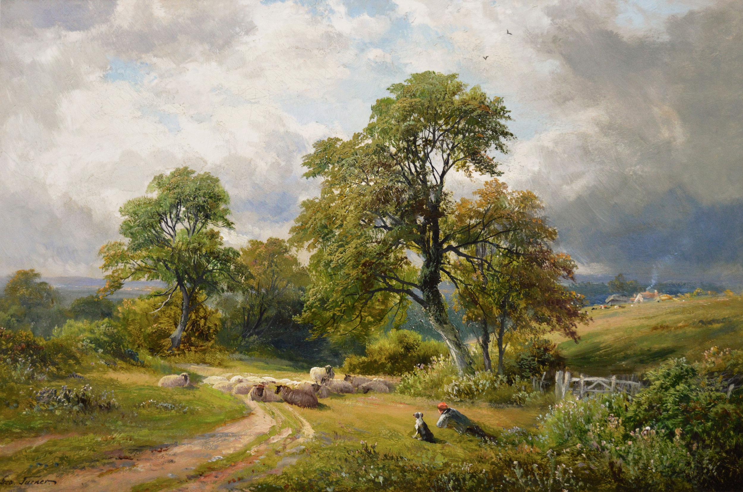 19th Century landscape oil painting of a shepherd & flock in a country lane - Painting by George Turner