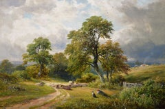 19th Century landscape oil painting of a shepherd & flock in a country lane