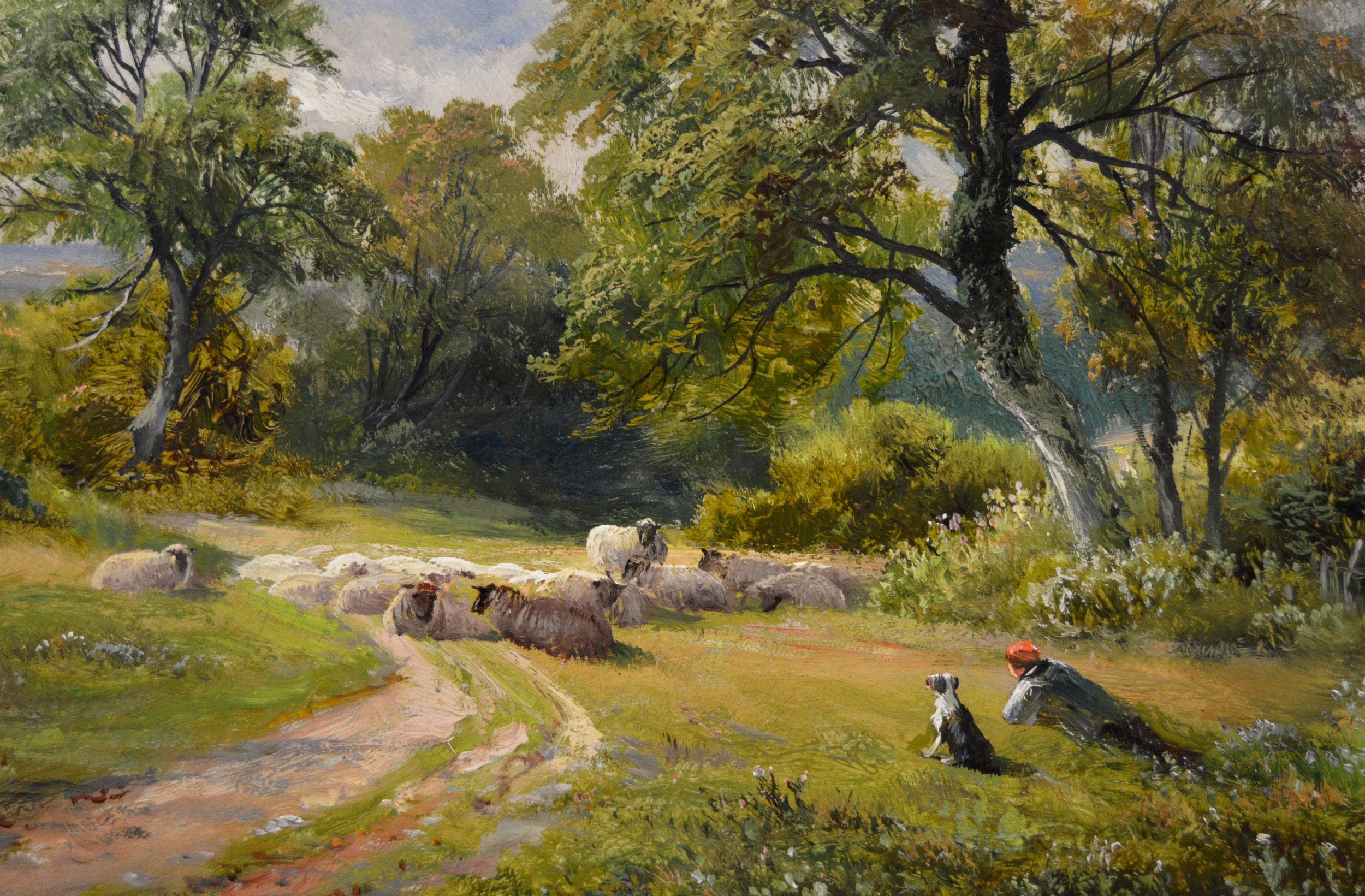 19th Century landscape oil painting of a shepherd & flock in a country lane - Victorian Painting by George Turner