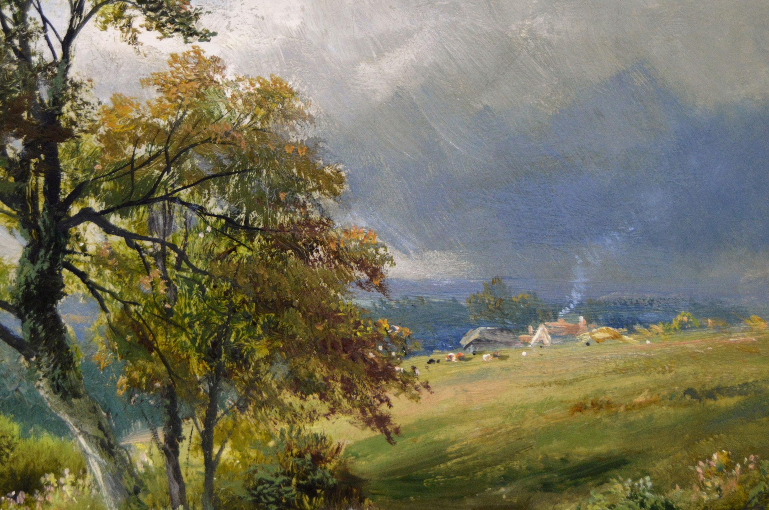 19th Century landscape oil painting of a shepherd & flock in a country lane - Brown Animal Painting by George Turner