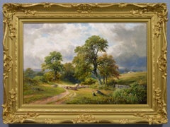 Peinture à l'huile du 19e siècle représentant un berger et son troupeau dans un chemin de campagne